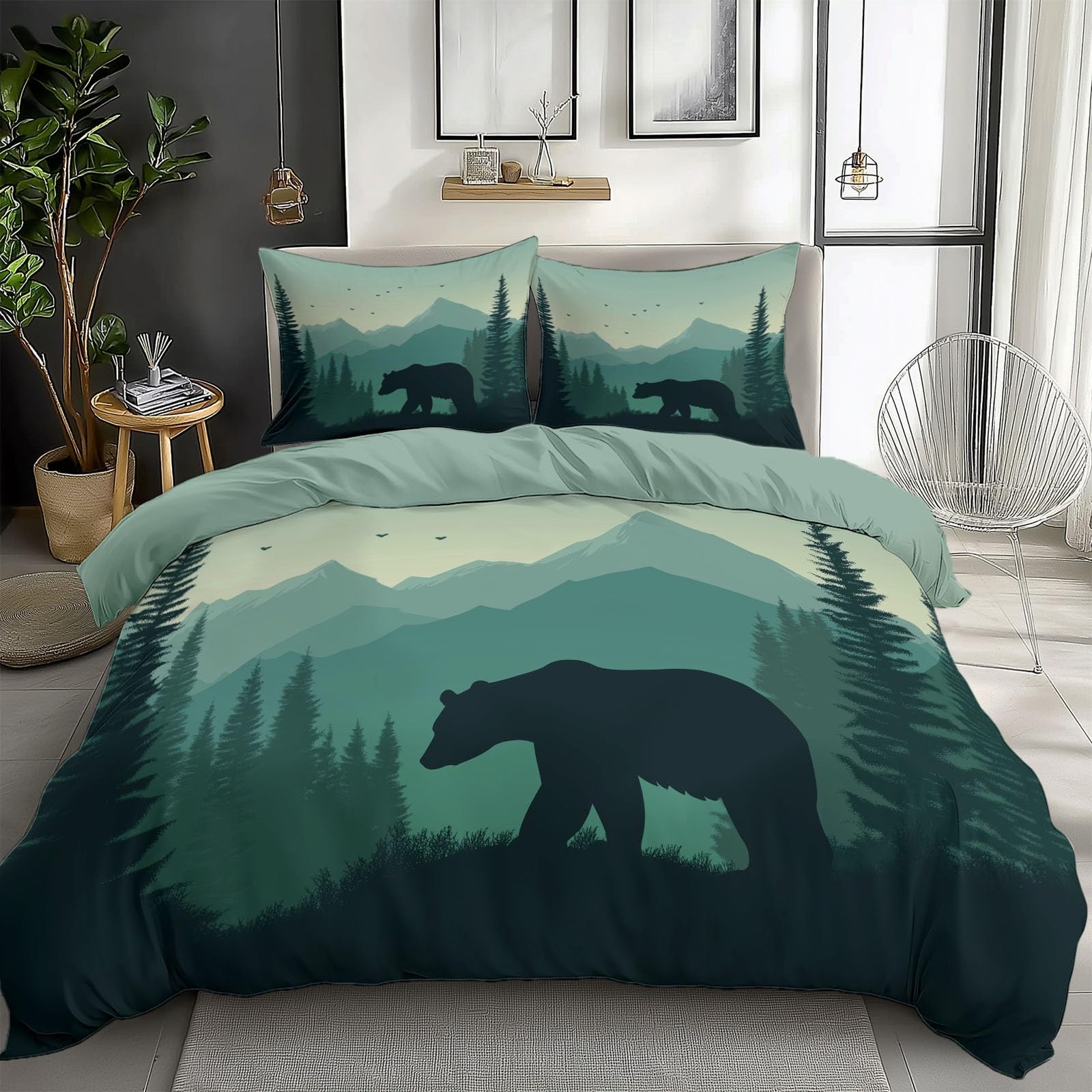Duvet Cover King Size Green Bear Mountains Pine Trees Reversible 3 Pieces Duvet Cover Set, Bedding Set for All Season, Soft and Breathable Bedding Set with Zipper Closure