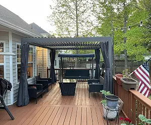 Domi Outdoor Pergola 12' x 16' Aluminium Louvered Pergola with Adjustable Roof, Curtains, and Netting