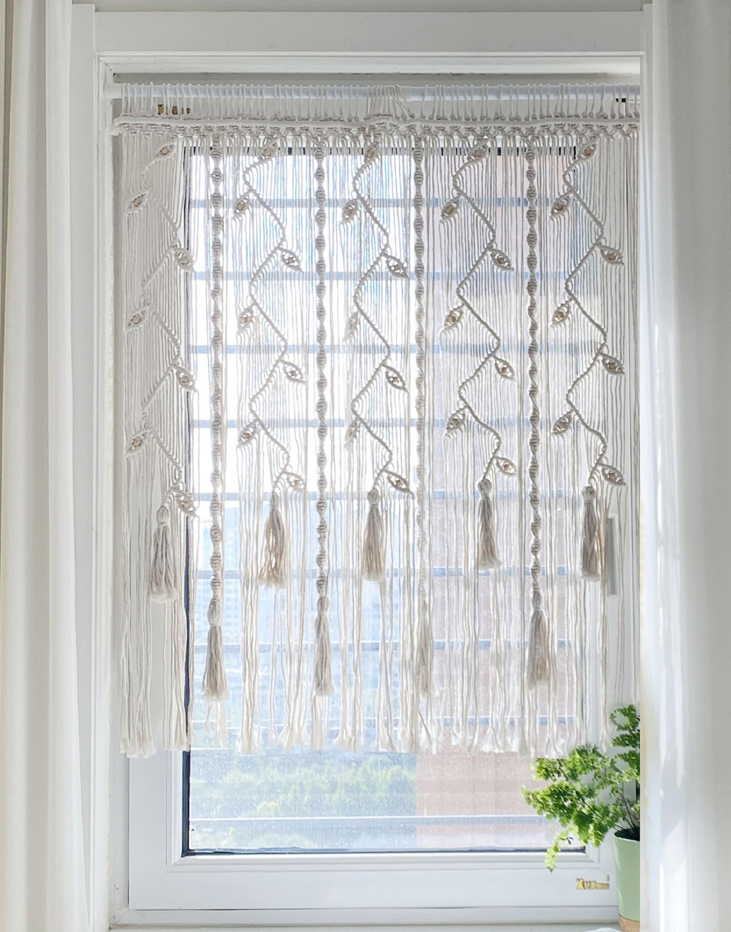 Boho Curtain Macrame Curtains for Windows Woven Room Divider Living Room Wall Hanging Doorways Curtains 39" L x 35" W (Beige)