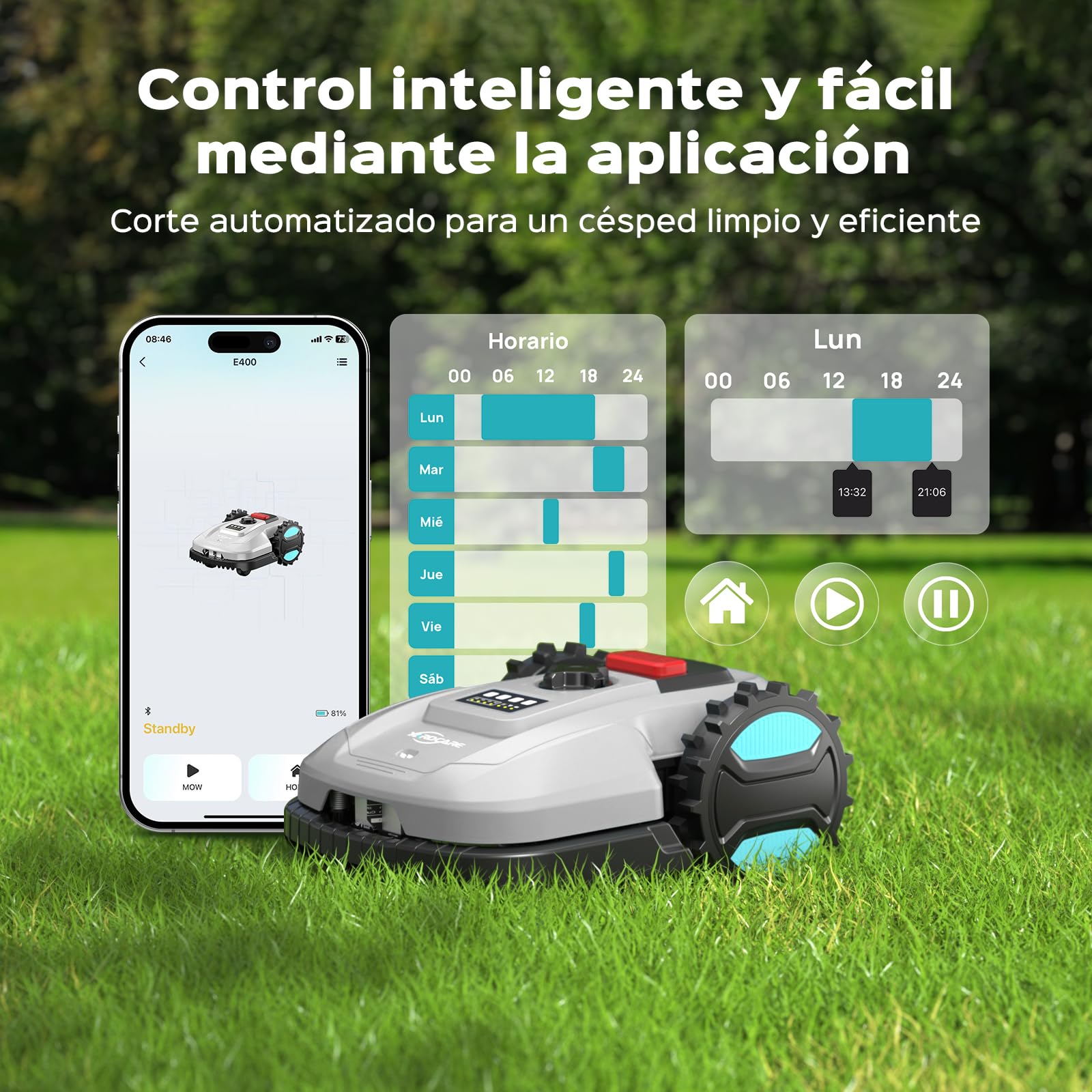 YARDCARE E400 Robot Cortacesped con Control App,hasta 400m²，Altura de Corte de 20 a 60 mm, Sensor de Lluvia, Robot Cortacésped 18 cm de Ancho de Corte,Menos de 60 dB