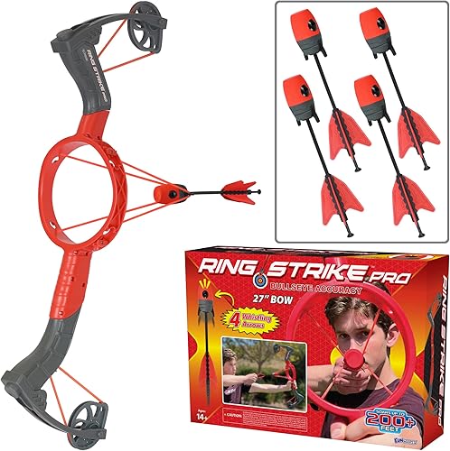 Funwares Ring Strike Archery Bow and Arrow Launches Arrows Over 200 Feet, Includes 1 Kid-Powered Bow and 4 Whistling Foam Tipped Arrows