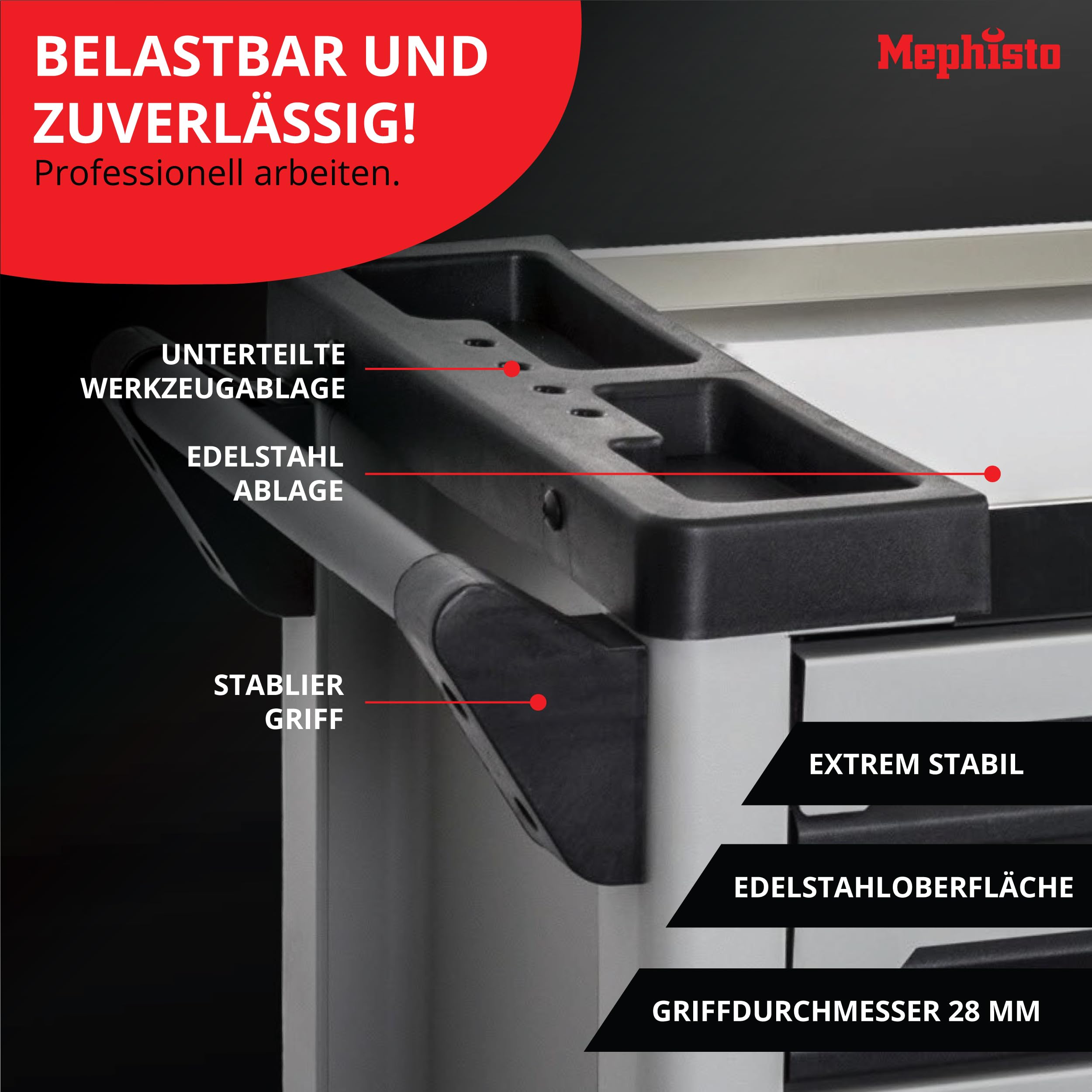 Mephisto XXL Carrello degli attrezzi 7 cassetti inserti morbidi carbonio set chiavi a brugola