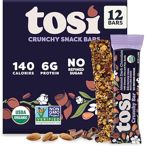 Tosi Barras de nueces, chocolate negro con almendras, aperitivos saludables para adultos y niños, barras crujientes a base de plantas (6 G de