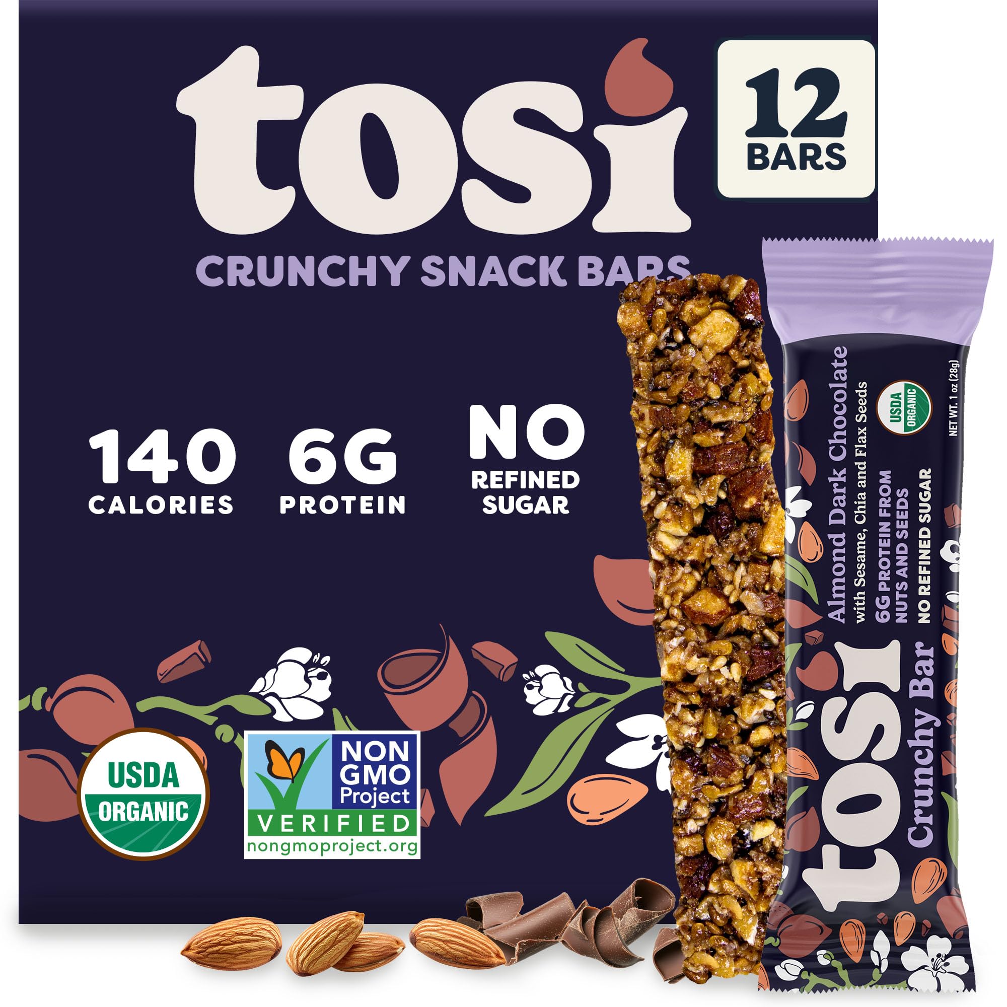 Tosi Nut Bars, Almond Dark Chocolate, Healthy Snacks for Adults & Kids, Plant Based Crunchy Bars (6G Protein), Organic Keto Snacks, Vegan, Gluten &