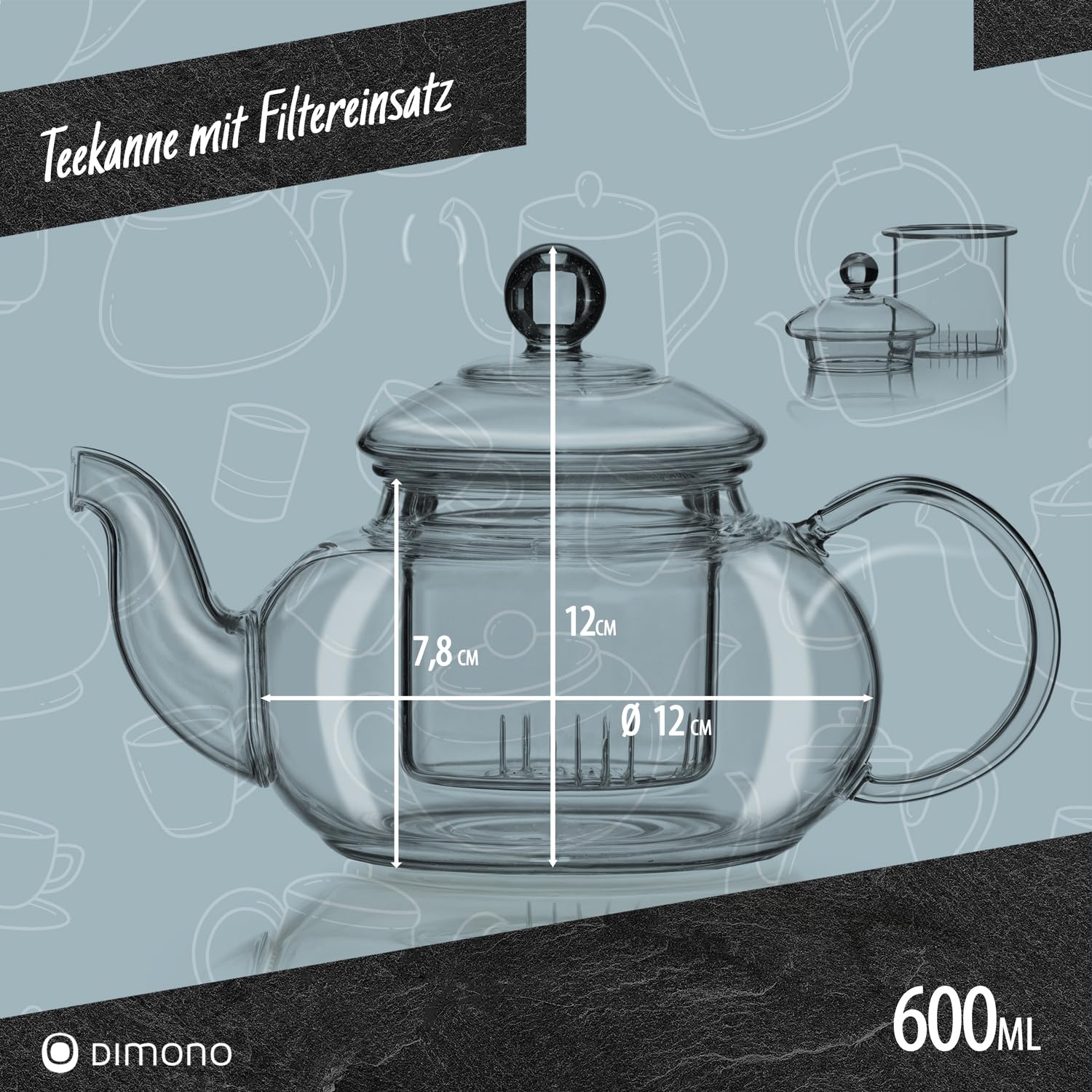 DIMONO® Szklany Dzbanek do Herbaty 600 ml z Sitkiem i Filtrem | Szklane czajniczki - szkło borokrzemianowe, ręcznie dmuchane, z pudełkiem prezentowym - idealny na prezent
