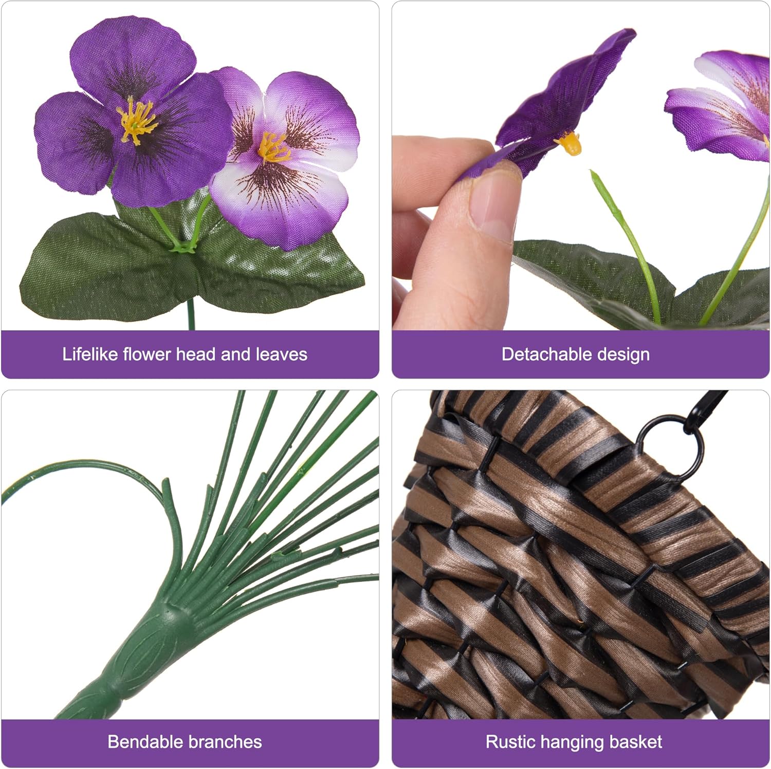HyeFlora Artificial Hanging Flower Baskets for Outdoors 4pcs Fake Pansy UV Resistant Artificial Flowers with Realistic Leaves Faux Plants Front Door Porch Home Outside Decoration, Mix Purple - Image 5
