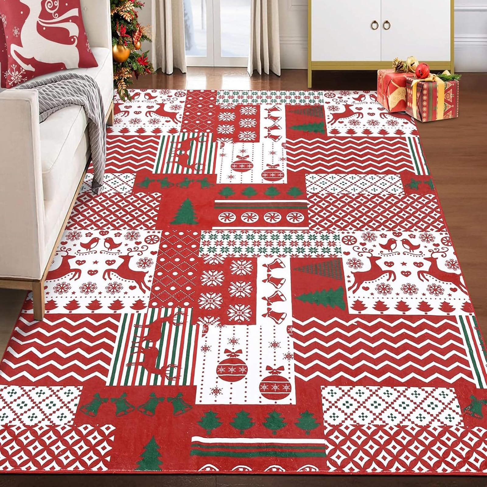 Große Teppiche, Rot, Grün, Weiß, Weihnachtsbaumdruck, modernes Patchwork, rot, 160 x 230 cm, waschbarer Teppich für Wohnzimmer, Schlafzimmer, Esszimmer, Hauseinweihungs-Teppich