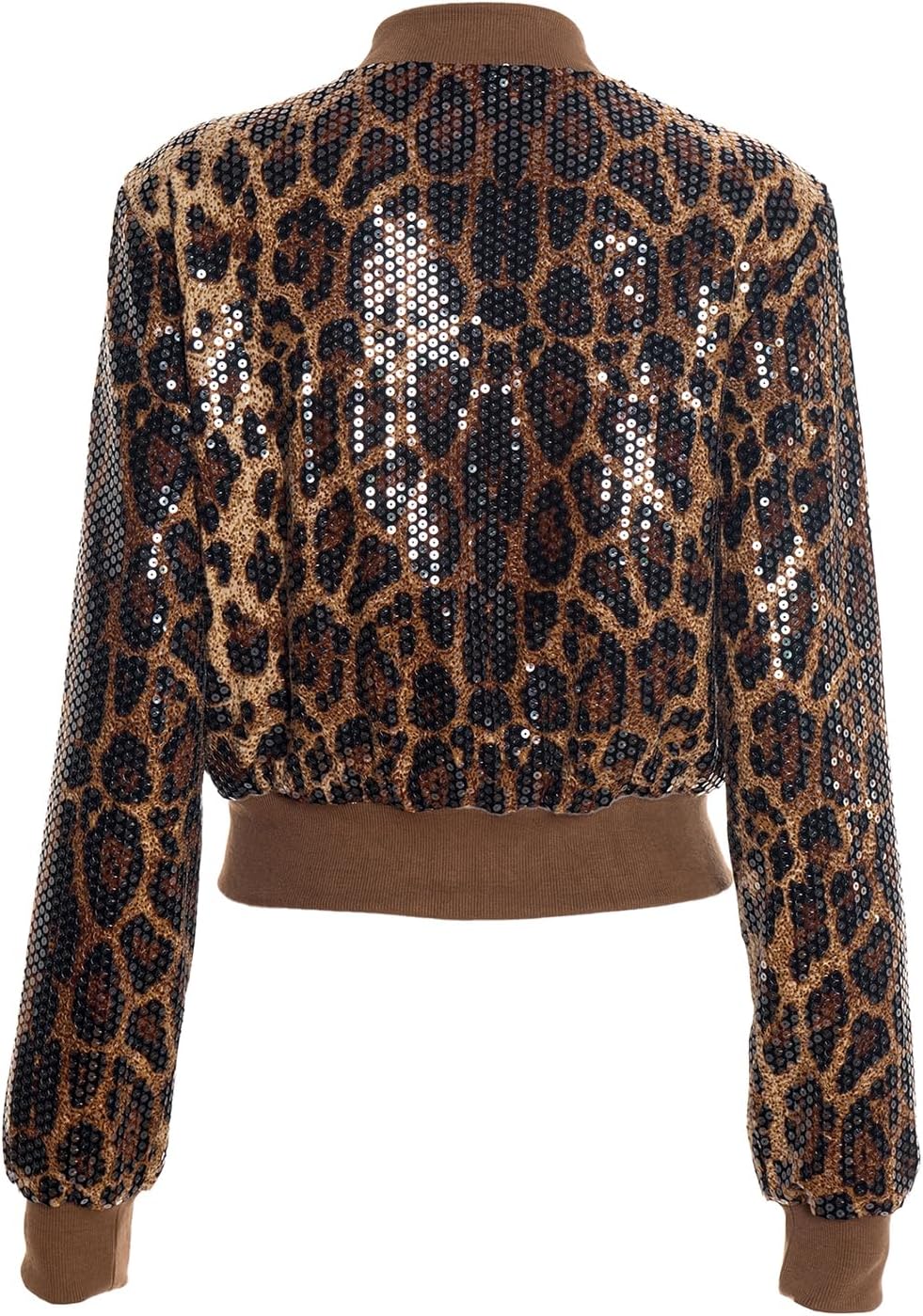 Womens Sequin Cheetah Print Bomber Jacket Leopard Cropped Jackets Outerwear