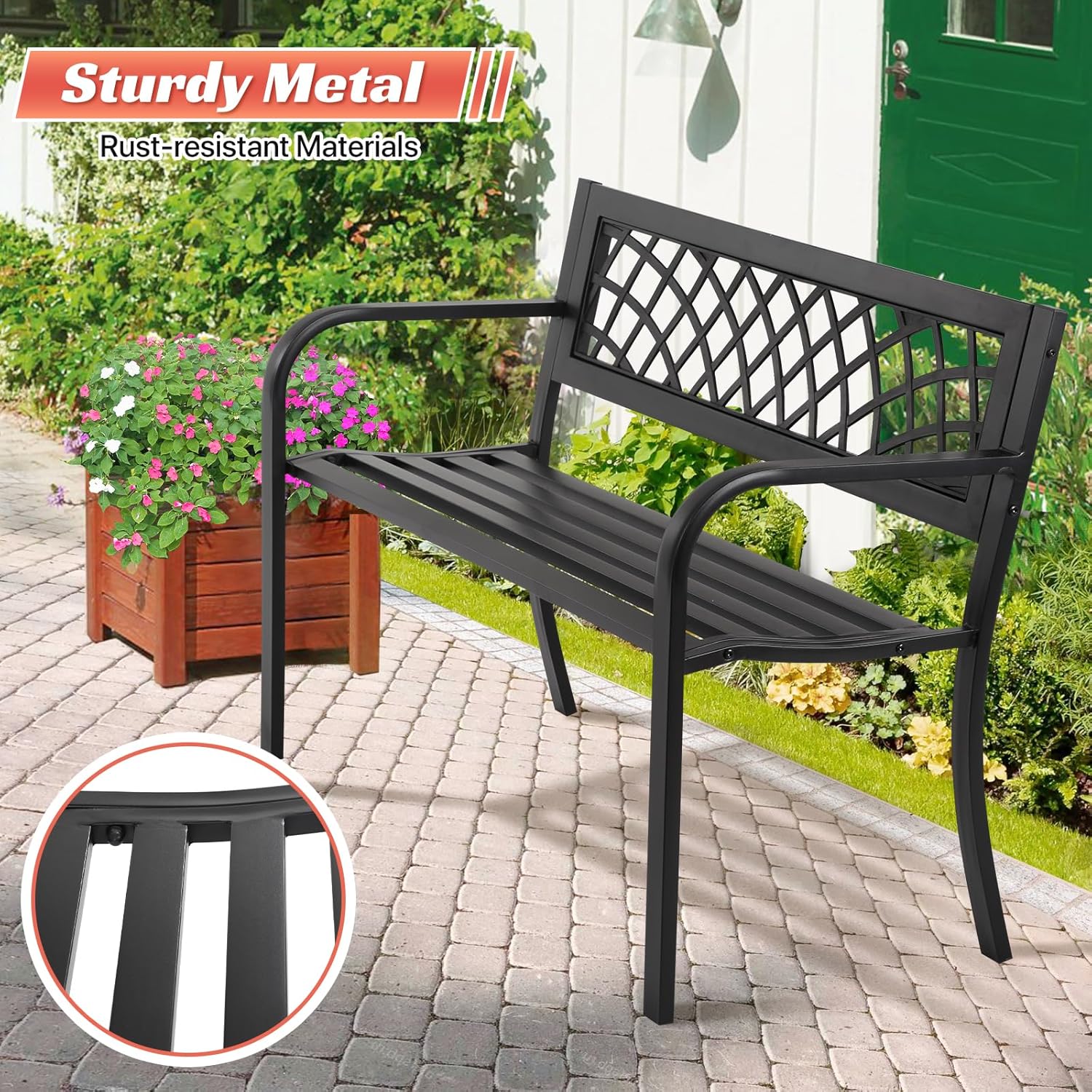 Garden Bench Patio Bench Outdoor Park Bench Metal Outside Porch Chair Seat Cast Iron Steel Frame Sturdy Bench Patio Furniture for Yard Porch Entryway Lawn Decor Deck, Black, 46 in