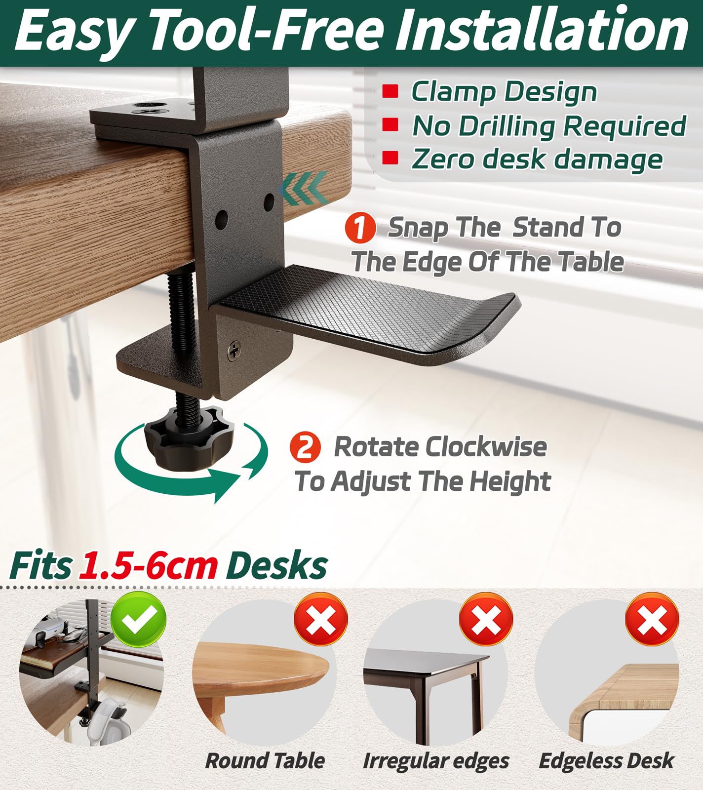 Scaffale Scrivania con Morsetto 3 Ripiani Regolabile, Sopra & Sotto | Senza fori, 3 vassoi 28x17,5cm, per scrivania 1,5-6cm spessore, scaffale acciaio, organizer ufficio, gaming e TV, tavolo