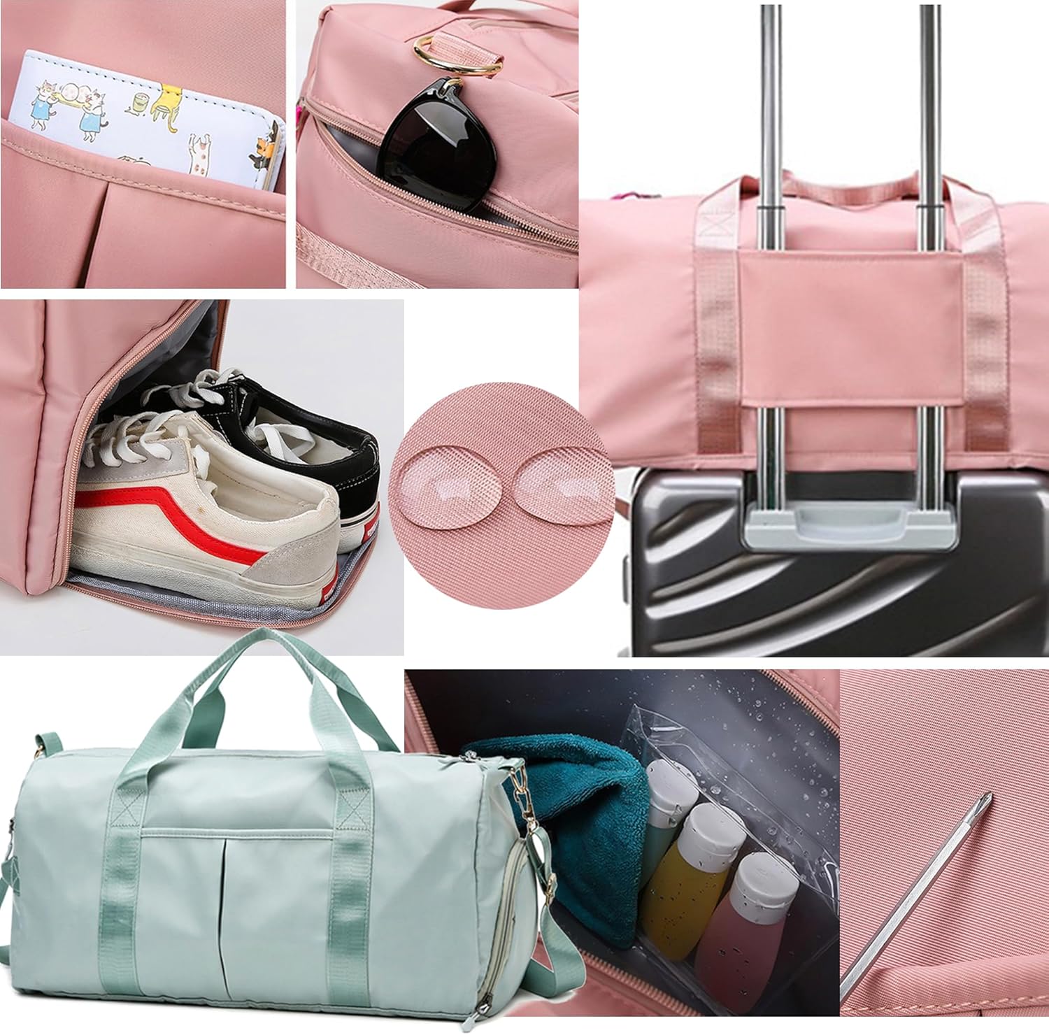 Gym Bag for Women Men with Shoes Compartment Waterproof Weekend Overnight Duffel Bags for Swimming Yoga Outdoor Activities (Pink)