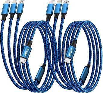 USB C Multi Charging Cable [2Pack 4FT], 3 in 1 Charging Cable USB Cable Nylon Braided Multiple Charger Cord with Type-C, Micro USB and IP Port for iPhone 16/15 Series/Cell Phones and More-Blueblack