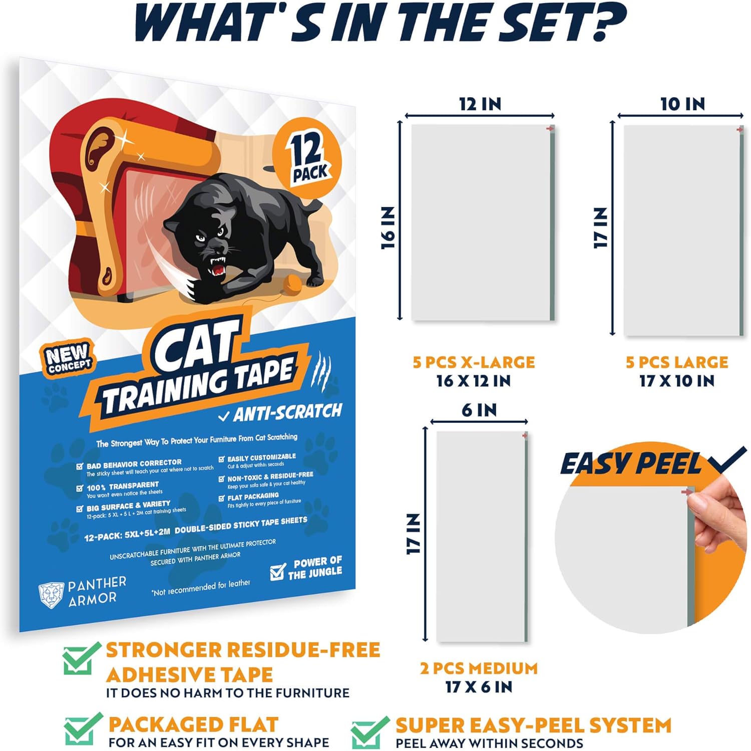 Panther Armor Cat Scratch Deterrent Tape – Double Sided Anti Scratching Sticky Tape Cat Scratch Furniture Protector – Cat Training Tape - Corner Couch Protector for Cats - (12-Pack) : Pet Supplies