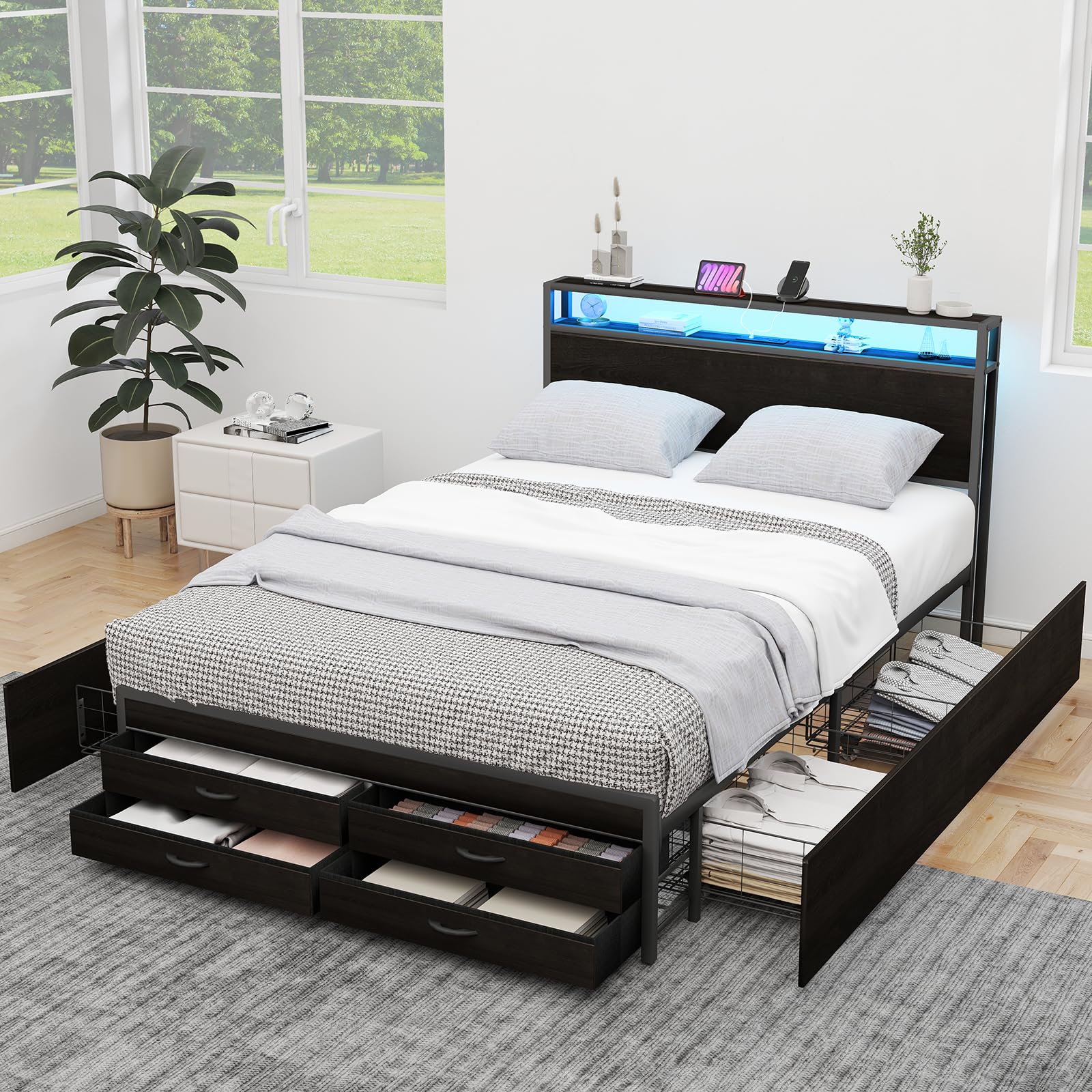 Zevemomo Queen Bed Frames with Headboard, Queen Size Storage Bed Frame with 8 Drawers, Built-in Charging Ports & Outlets, Adjustable Atmospheric LED