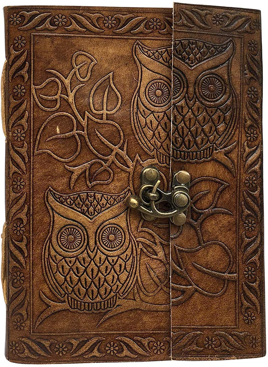 Owl Embossed Leather Journal, Antique Handmade Leather Bound Daily Notepad for Men & Women Unlined Handmade Paper 7 x 5 Inches, Handmade Traveler's Notebook, Perfect for Writing, Gifts, Travelers