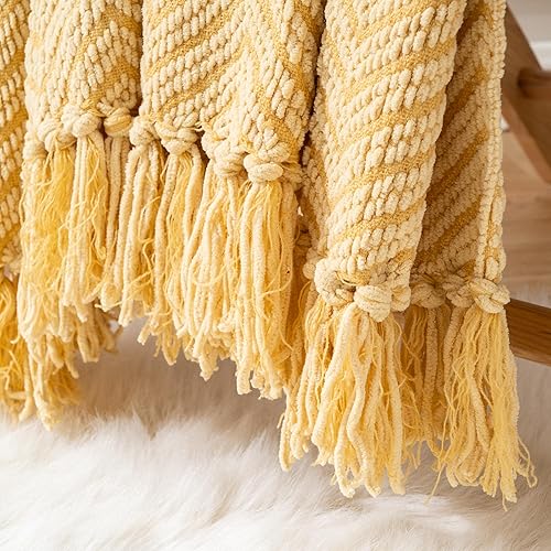 Miniatura 4 de BATTILO HOME Manta dorada para sofá, manta de punto amarillo versátil para silla, manta supersuave y cálida mostaza con borlas para cama individual,