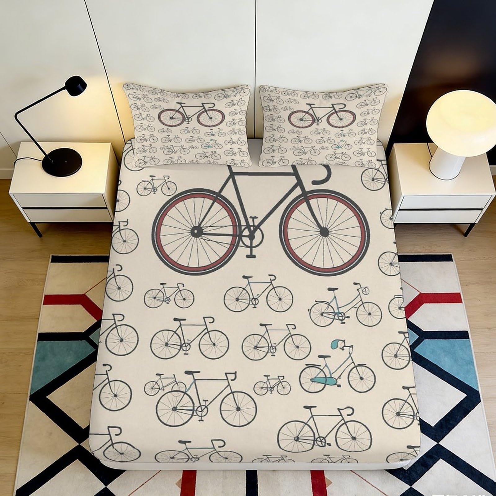 3D Printed Bicycle Pattern Fitted Sheet Microfiber Non-Slip Deep Pocket Bedroom Decor Bicycle Mattress Fitted Cover Washable for Adults Teens 90x200x25cm