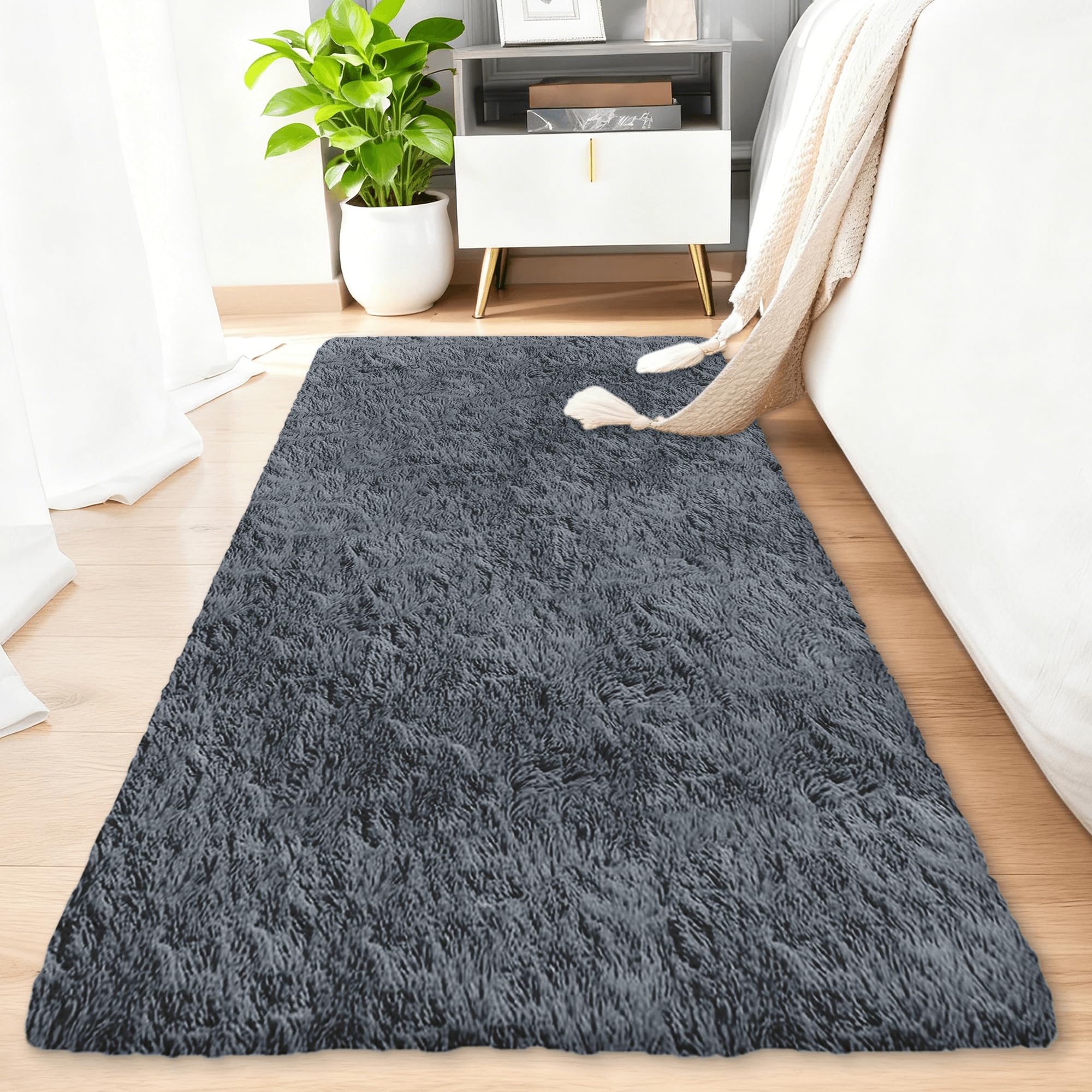 Area Rugs Tapis Moelleux 210 x 210 cm Dessous Antidérapant Aspect Fourrure Doux et Conforta Tapis Moderne pour Lit Chambre Adulte Gris Ado Fille Ado, Gris Foncé