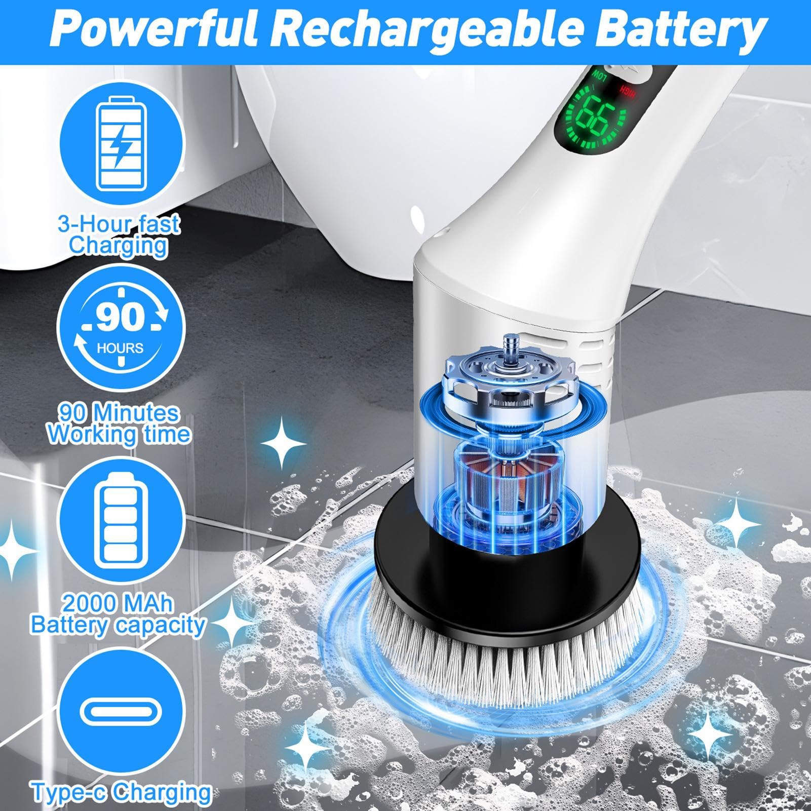 Limpiador eléctrico de baño Herramientas de Limpieza y Gadgets Impermeables | Cepillo eléctrico para ducha con 2 velocidades para azulejos, bañera, lavabo, cerámica, vidrio, acero inoxidable,