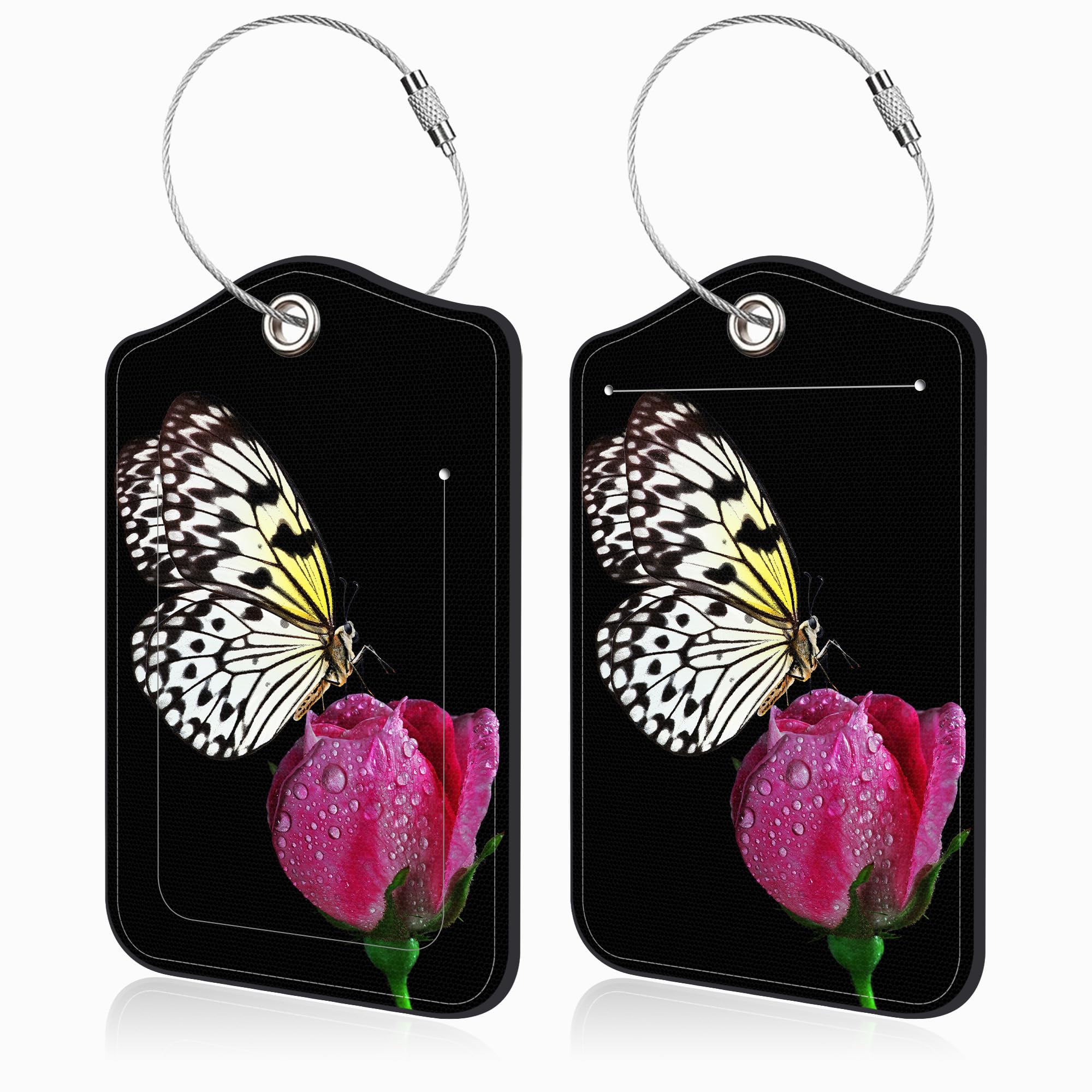 Mazumbuy 2 Pack Luggage Tags for Suitcases Butterfly on Pink Rose Leather Luggage Tags Privacy Cover ID Label with Stainless Steel Loop and Address