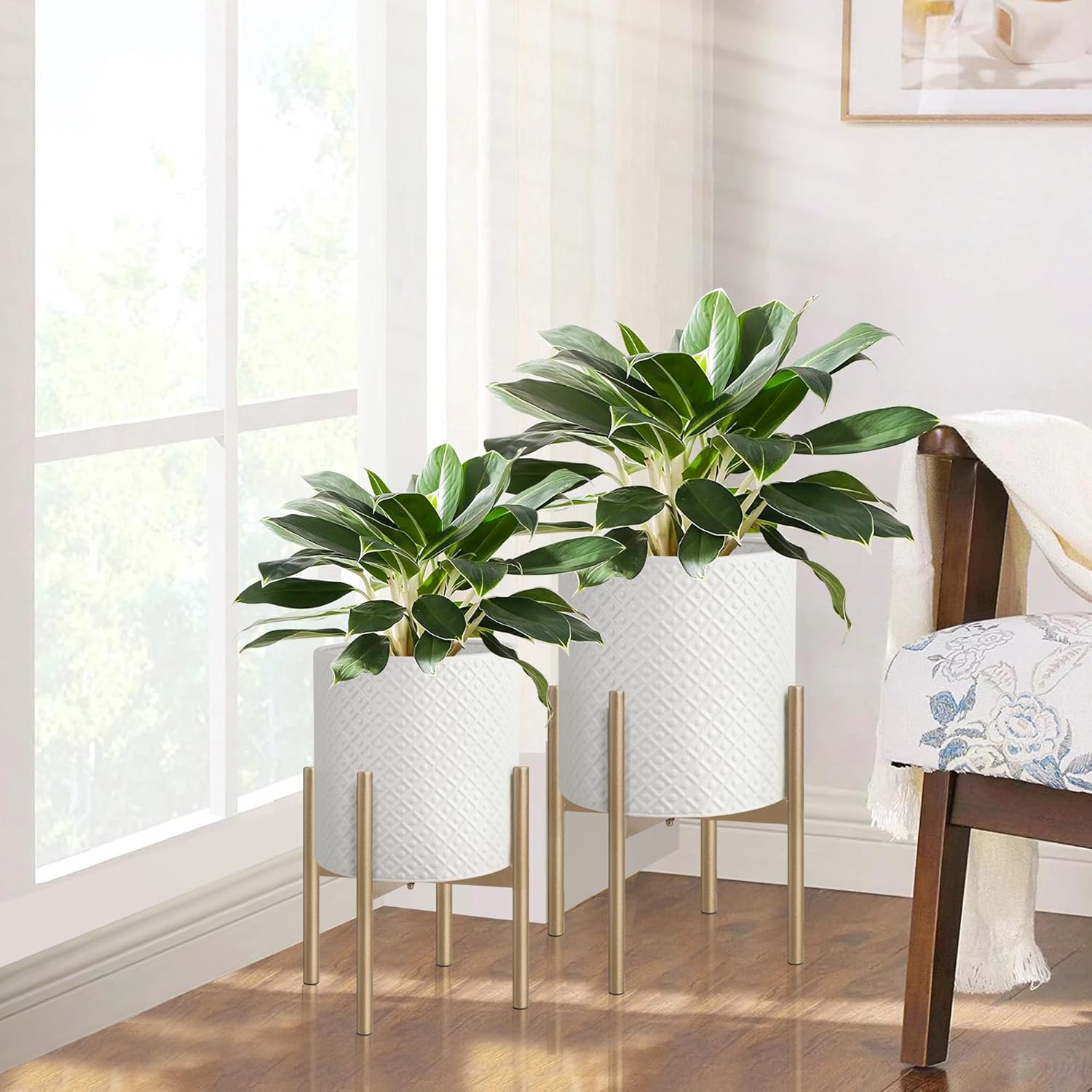 Oakrain Planters for Indoor Plants, Set of 2 Modern Planter with Stand, Decorative Metal Planter Pots for Living Room, Office, Garden, Balcony, 8"&10", Rustic Gray