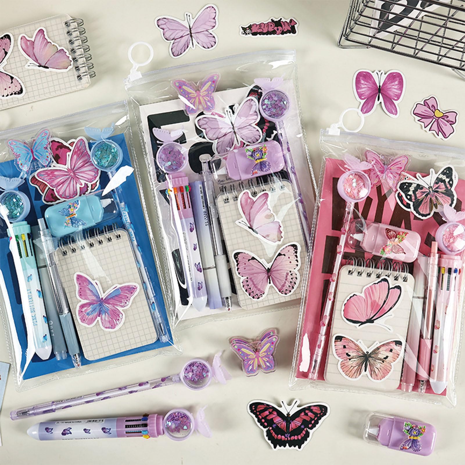 MOZXIRZ Zestaw przyborów piśmienniczych z uroczym motylem dla dziewcząt, chłopców, dzieci, kobiet, powrót do szkoły, artykuły biurowe, kawaii, artykuły pa, prezent, motyl, różowy, 9 szt