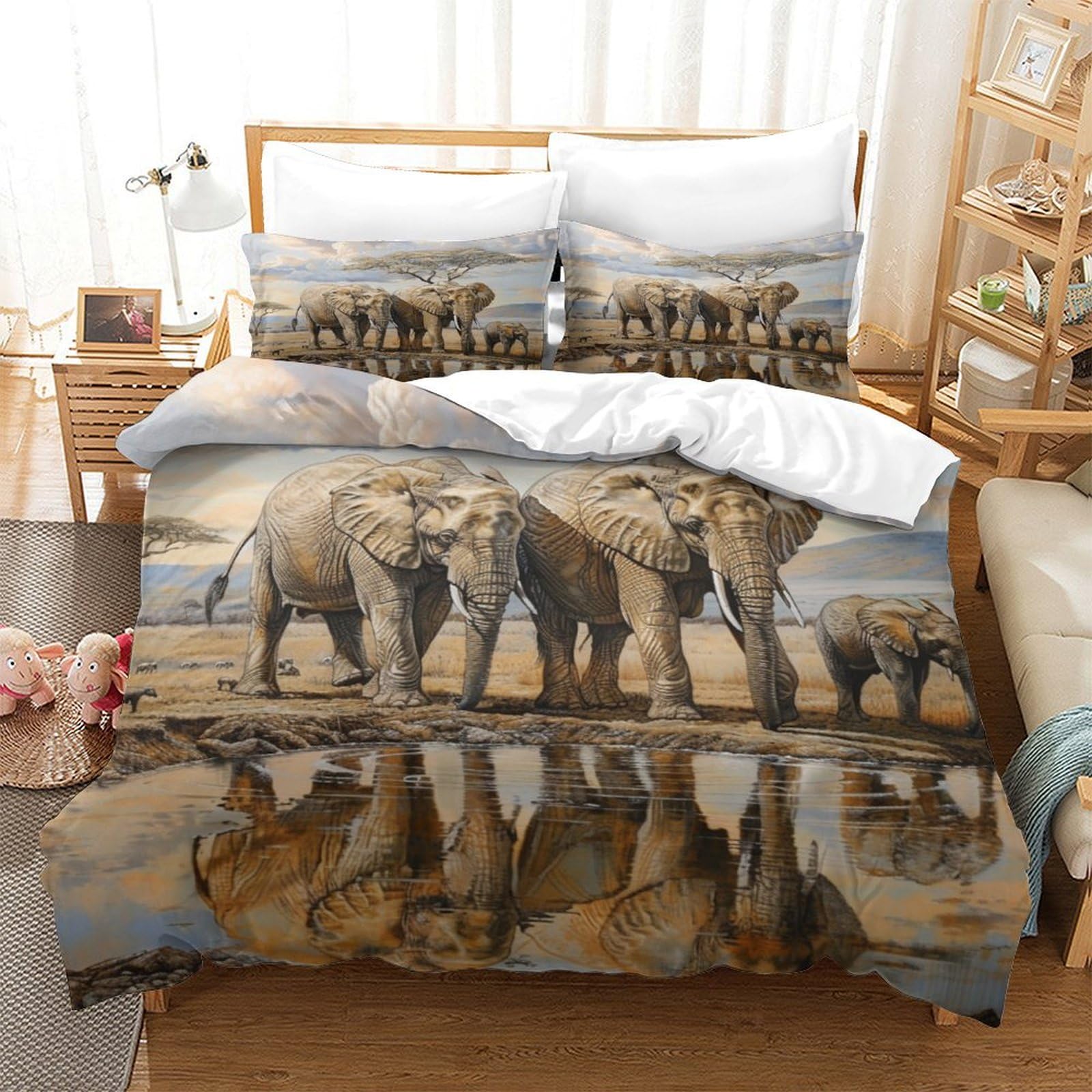 Parure de couette 3D éléphants pour grand lit Super King créant une ambiance jungle chic