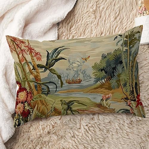 ArogGeld Funda de cojín lumbar asiática de estilo chinoiserie, de lino marrón, pájaro y flor, funda de almohada asiática para sala de estar,