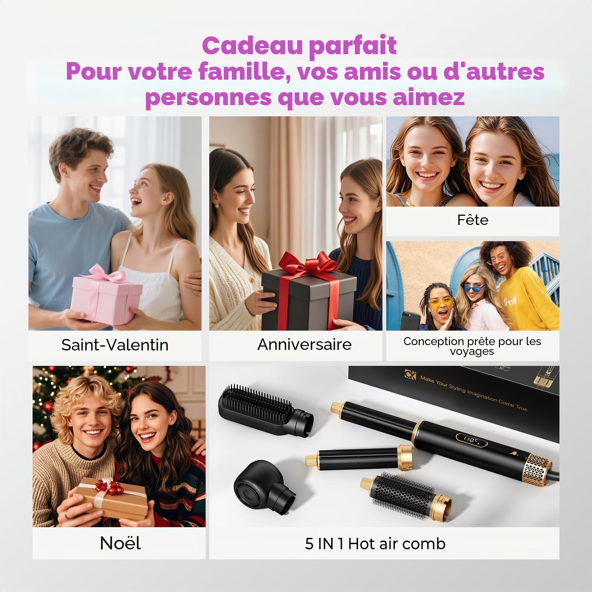 UMIGA 5 en 1 Brosse Soufflante Airstyler Air Styler set Hair Styler Airbrush Fer a Boucler Brosse Soufflante Brosse Lissante Pour Cheveux, Kit de coiffure Pour Sécher