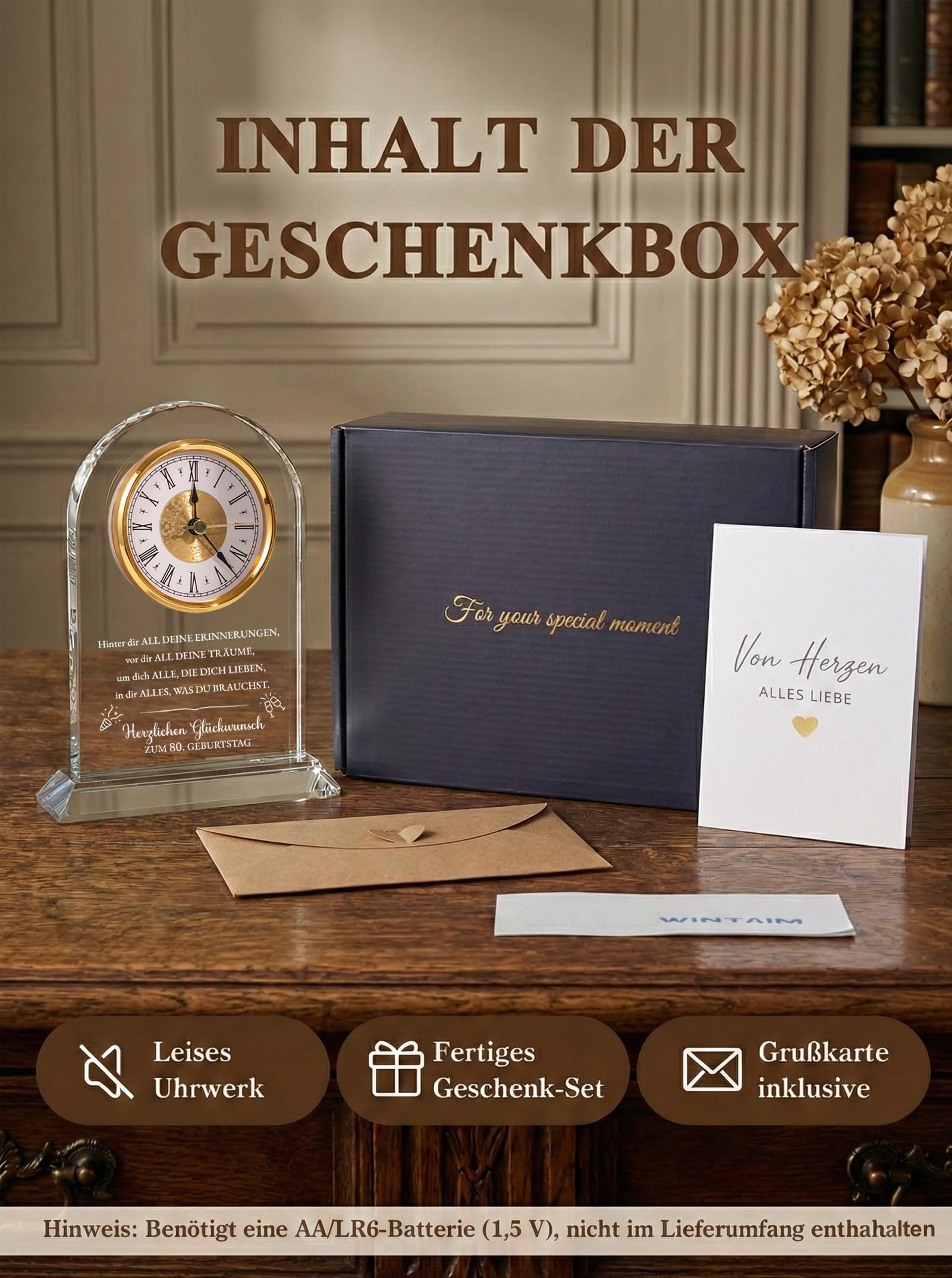 Geschenk 80. Geburtstag Frauen & Männer Jahrgang 1946 – Tischuhr mit Spruch – Geschenkidee für Mama Papa Oma Opa Ehemann Ehefrau & Freunde – Deko & Erinnerung 80 Jahre (In Geschenkbox mit Karte)