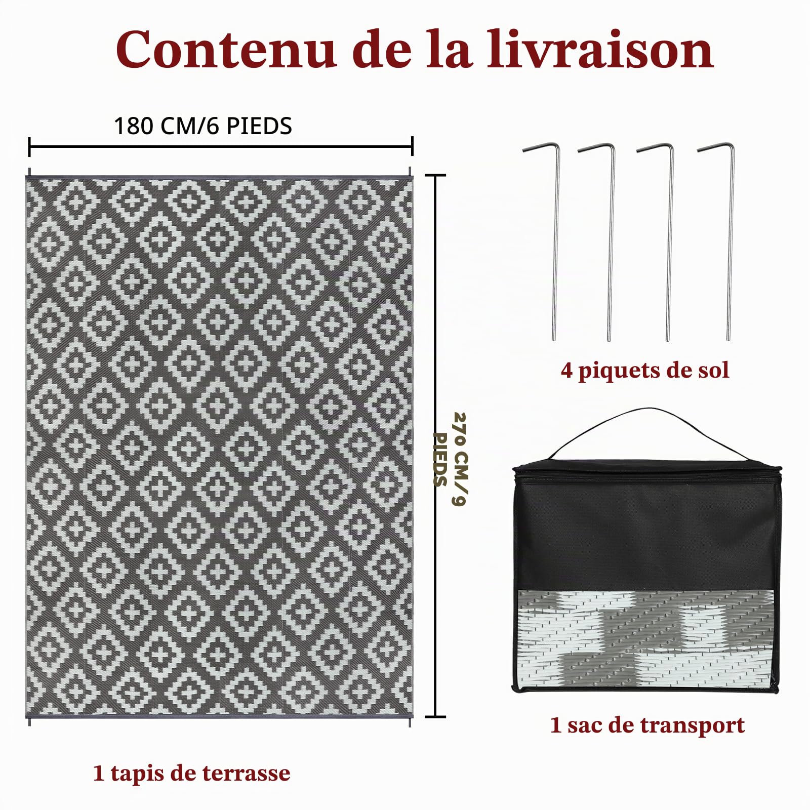 Homcomodar Tapis d'extérieur Réversible 180x270cm Tapis Paille de Plastique Recyclé Résistant Tapis Extérieur aux UV pour Terrasse Plage Barbecue Pique Nique Terrasse Balcon,Gris