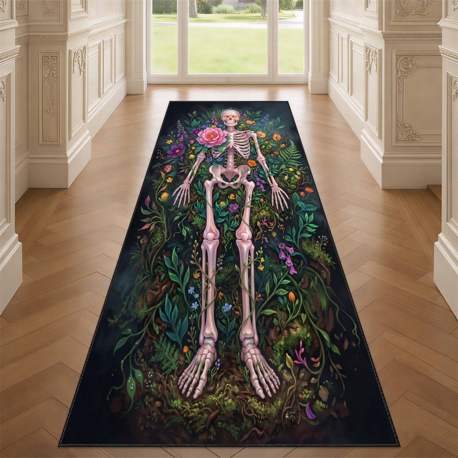 YEMYOR Skeleton Runner Rug for Hallway, Floral Skull Carpet Runner 80x200cm, Gothic Skull Long Area Rug Non-Slip, for Laundry Room Kids Bedroom