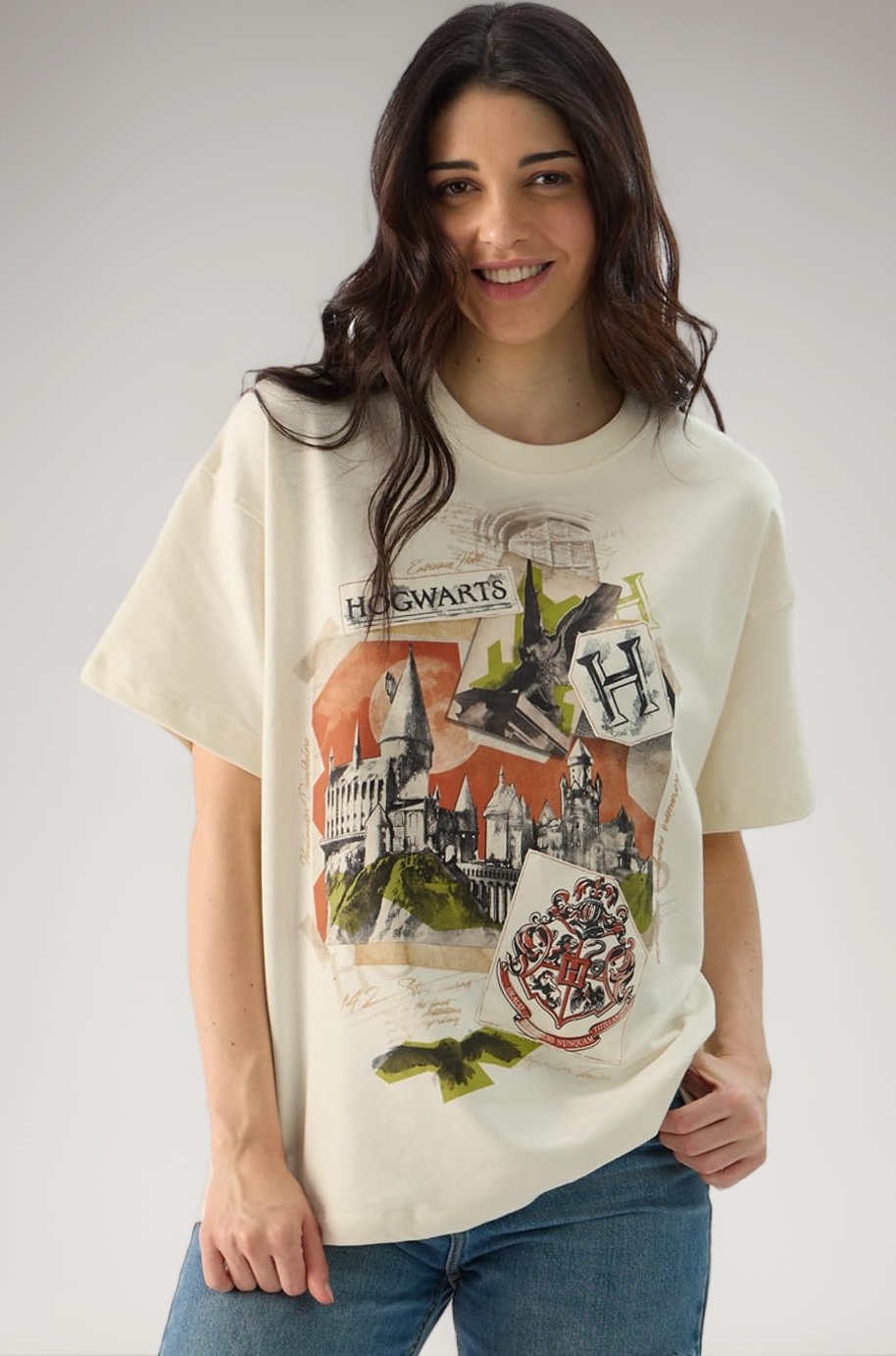 Official Harry Potter: Hogwarts Women and Girls Short Sleeve Round Neck Off White Graphic Printed Cotton Oversized T-Shirts