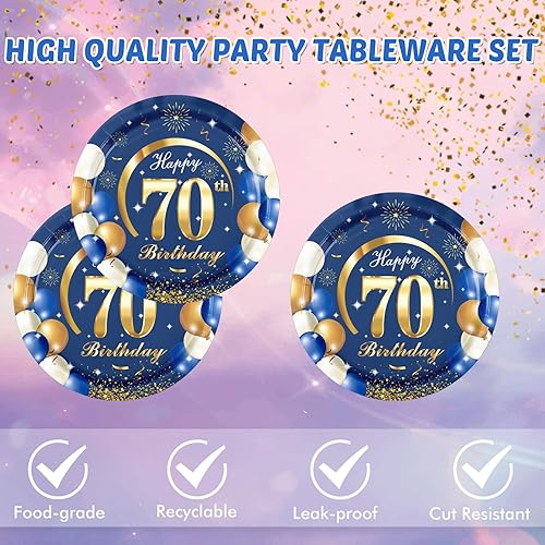 Miniatura 3 de 40 unidades, 40 unidades, decoraciones de cumpleaños n. 70 para hombres, azul marino y dorado, incluye platos, servilletas para decoración de fiesta