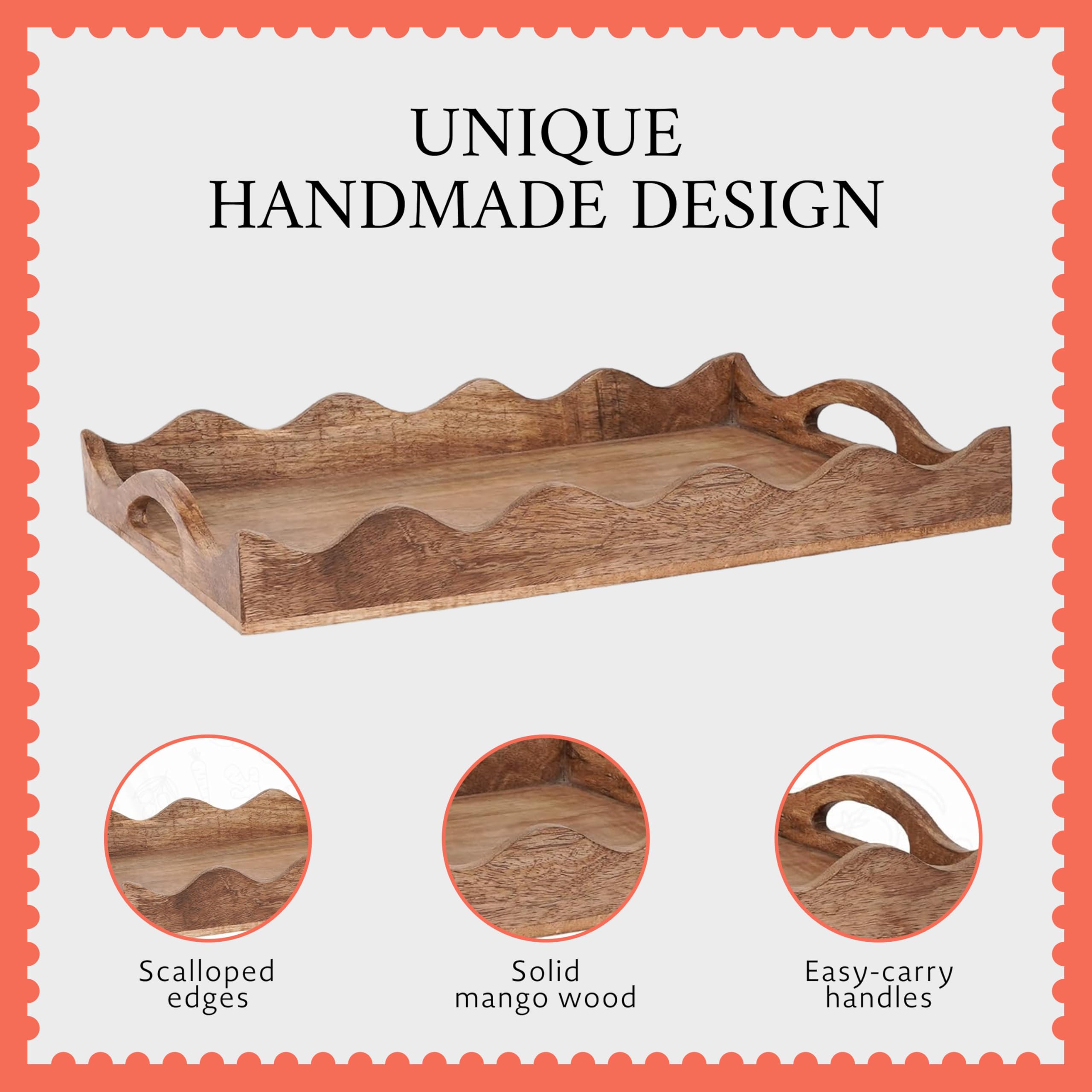Mela Artisans Plateau de Service Ottoman en Bois | Taille M, festonné Blanc brûlé | Bois de manguier décoratif | pour Servir Le Petit déjeuner, d'autres Aliments, café et thé | Décoration d'intérieur