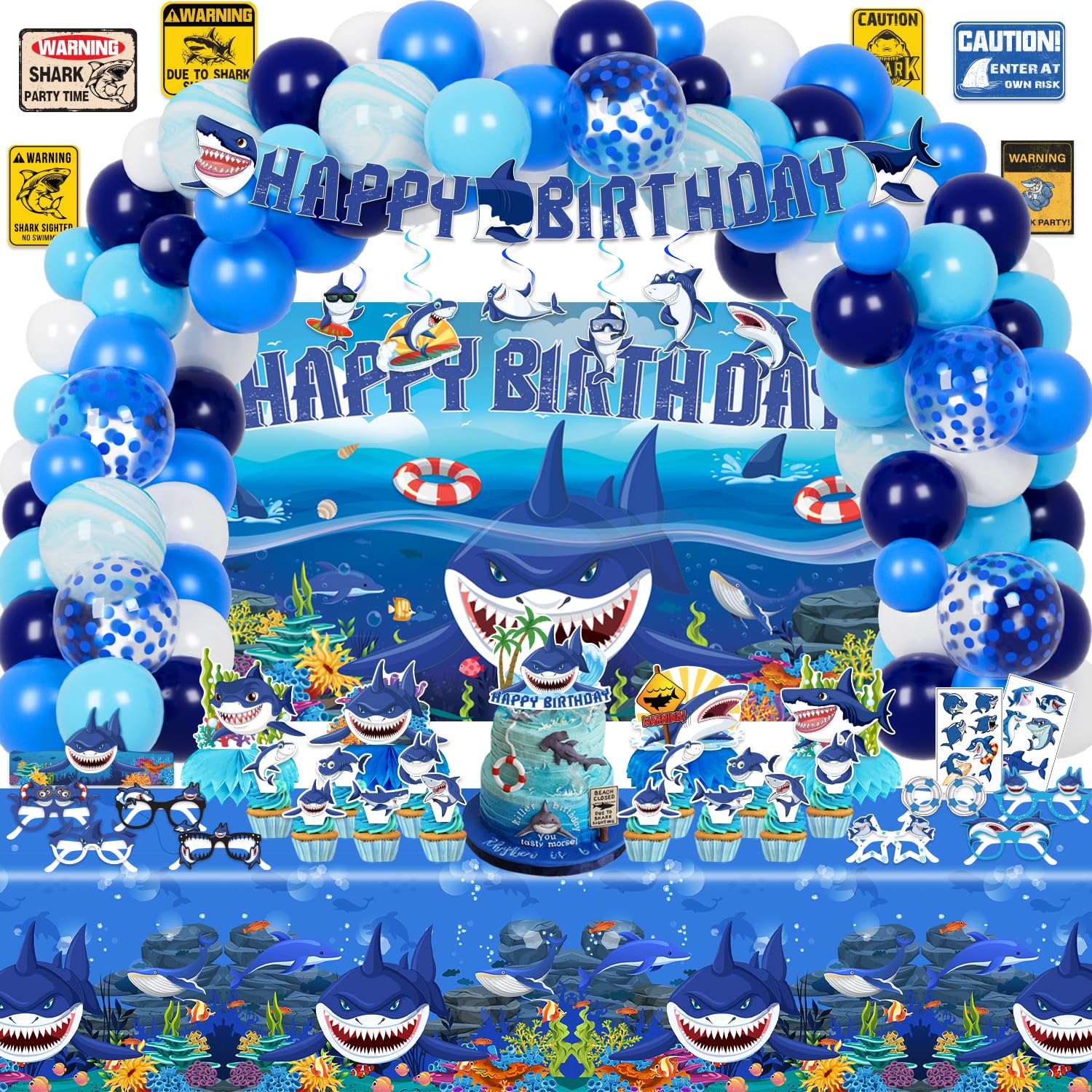 Shark Party Decorations - 147 Pcs Supplies for Girl's Birthday - Backdrop, Toppers, Tablecloth, Centerpieces, Hanging Swirl, Shark Glasses, Sign