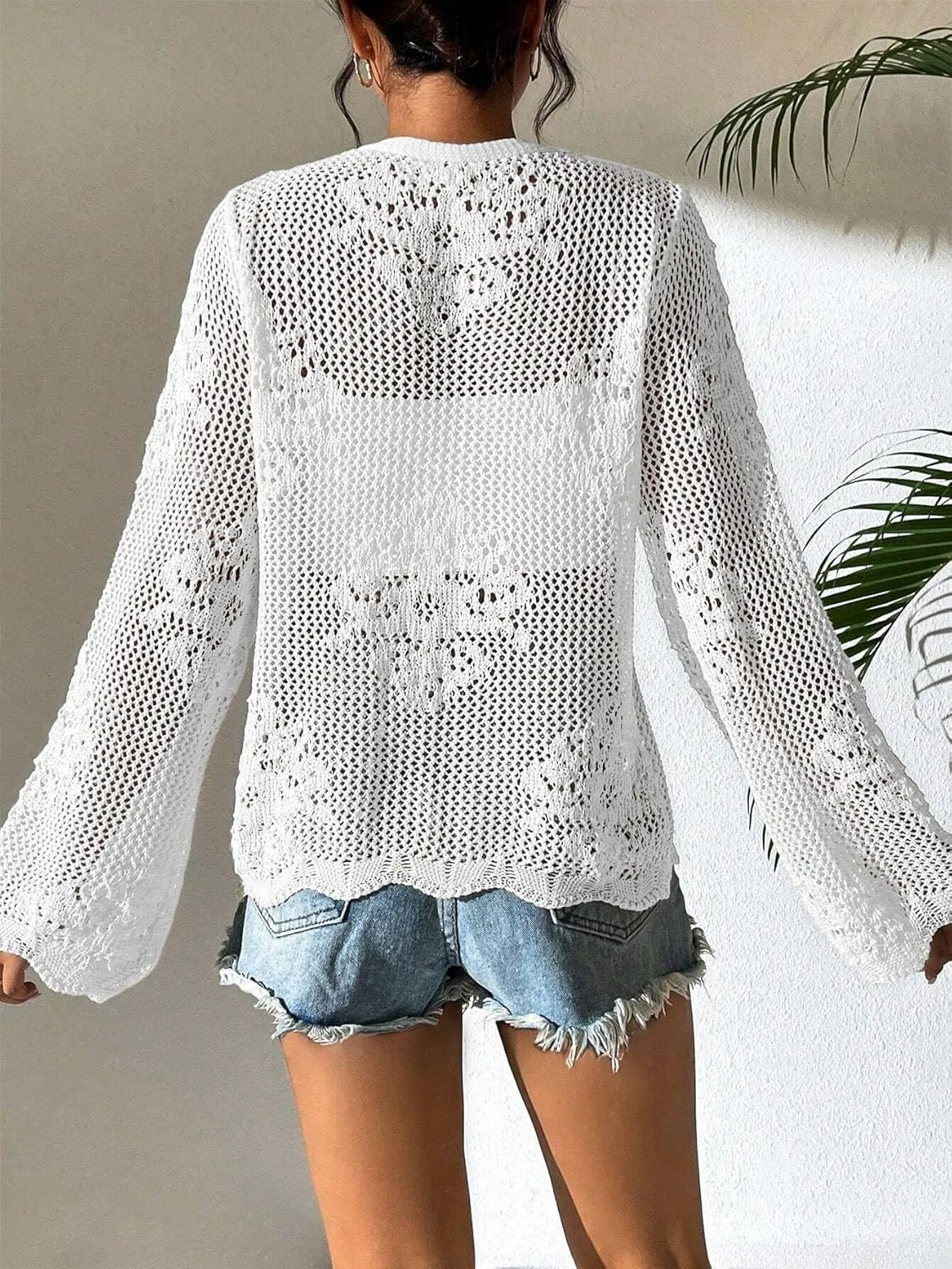 Urchics Womens Casual Cardigan Summer Beach Long Sleeve Hollow Out Tie-Front Crochet Cardigan - Image 2