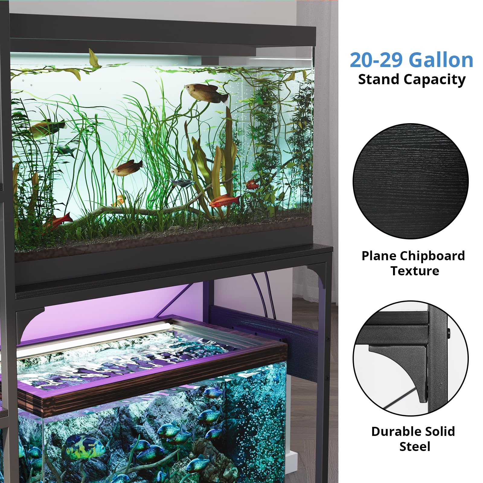 VOWNER Soporte para pecera de 20-29 galones con toma de corriente, soporte de madera para acuario con estantes para almacenamiento de accesorios de pecera, marco de metal resistente, soporte de
