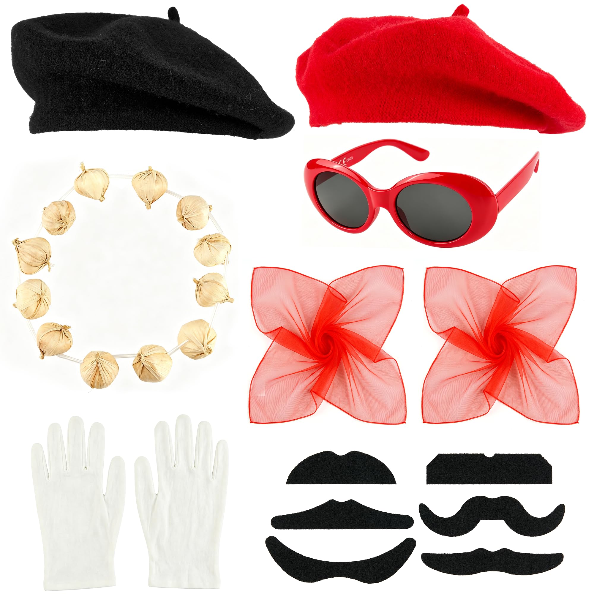 French Fancy Dress Costume Accessories Set for Women & Men, Parisian Mime Artist Outfit Kit with Red & Black Beret, Scarf, Moustache, Garlic Necklace, Sunglasses & Gloves for Cosplay Party Carnival โ image 1