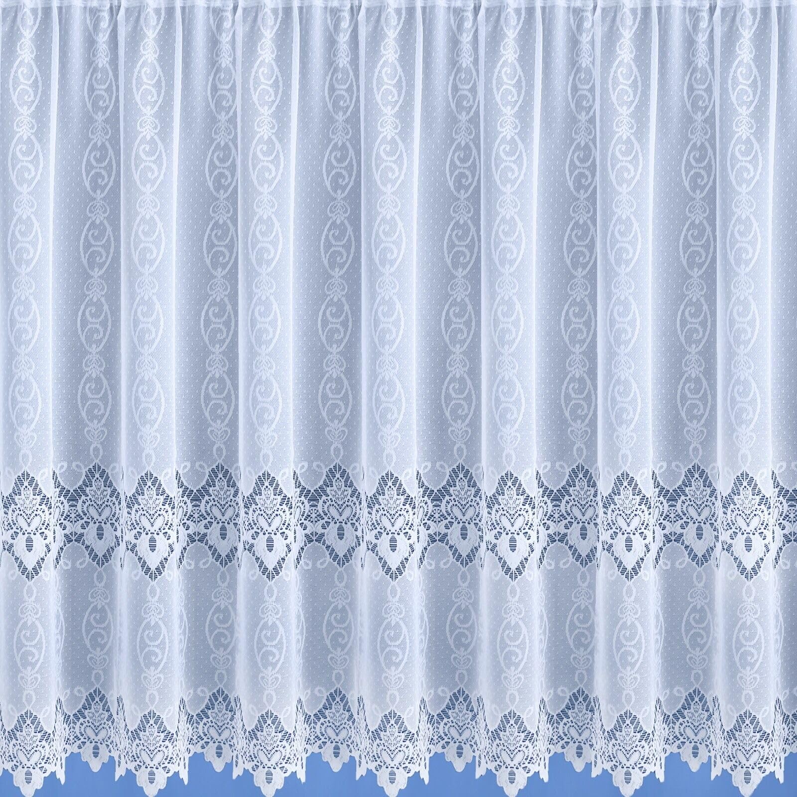 7 Metres Wide x 42" (107cm) Drop - Riley Luxury White Contemporary Lace Net Curtain With Detailed Flowers Scalloped Bottom