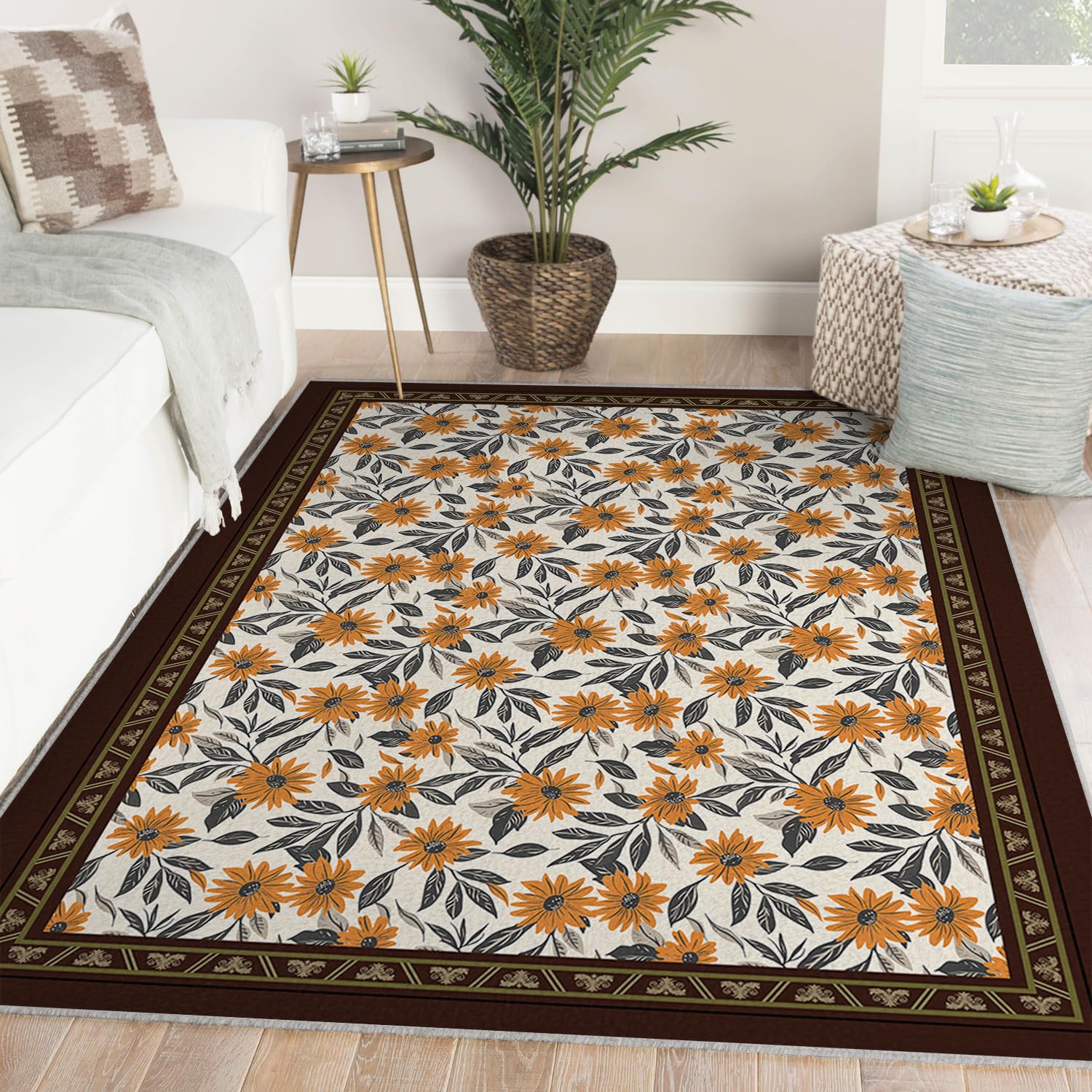 Dywan kwiatowy w stylu boho, 120 x 200 cm, nadaje się do prania, świecący pomarańczowy słonecznik-brązowy dywan do salonu, do salonu, dekoracja podłogi