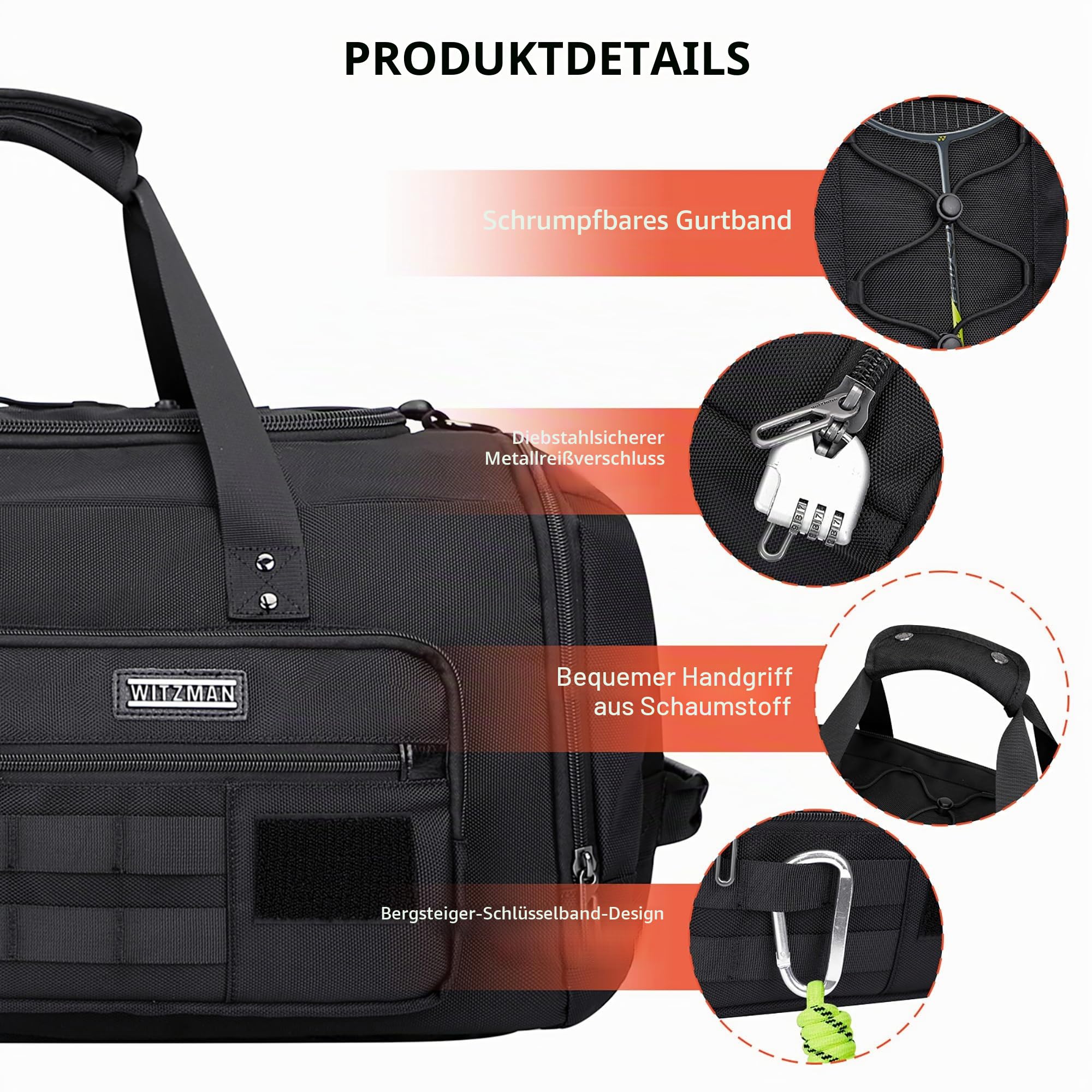 WITZMAN Reisetasche Herren 45L Sporttasche groß mit Schuhfach Duffle Bag 3 in 1 Travel Gym Trainingstasche Herren Damen（B693 Schwarz