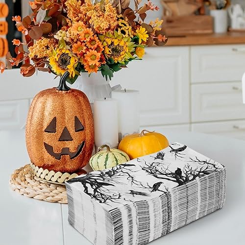 Miniatura 5 de 80 servilletas de Halloween para invitados – Servilletas desechables de papel de cuervos de árbol – Servilletas de mano de cena para suministros de