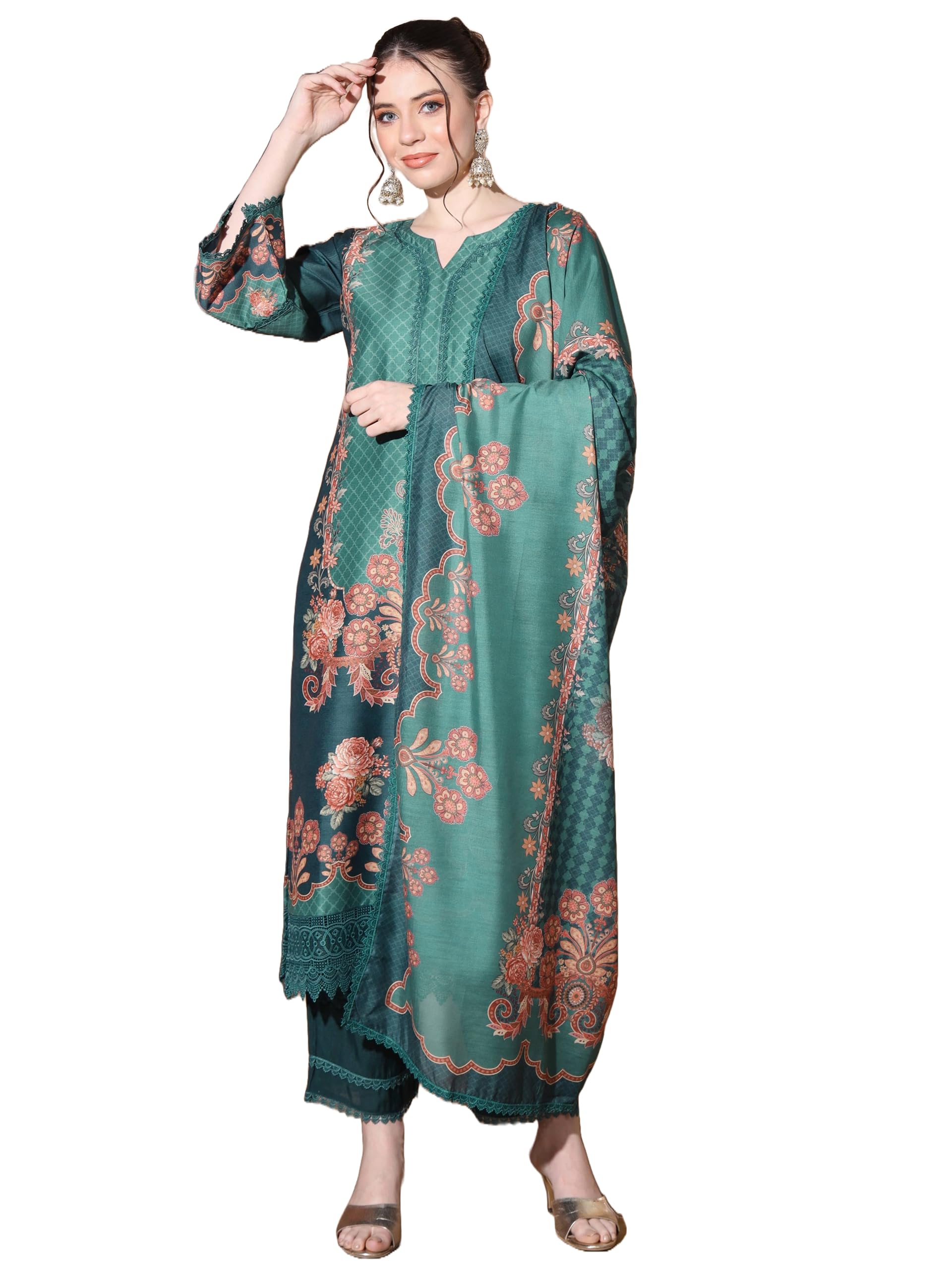 Women's Digital Print Muslin Multicolor Pakistani Style Stitched Kurta Palazzo With Dupatta | Party Festival Kurta Set | Kurta Set For Women | Suit Set-image-31