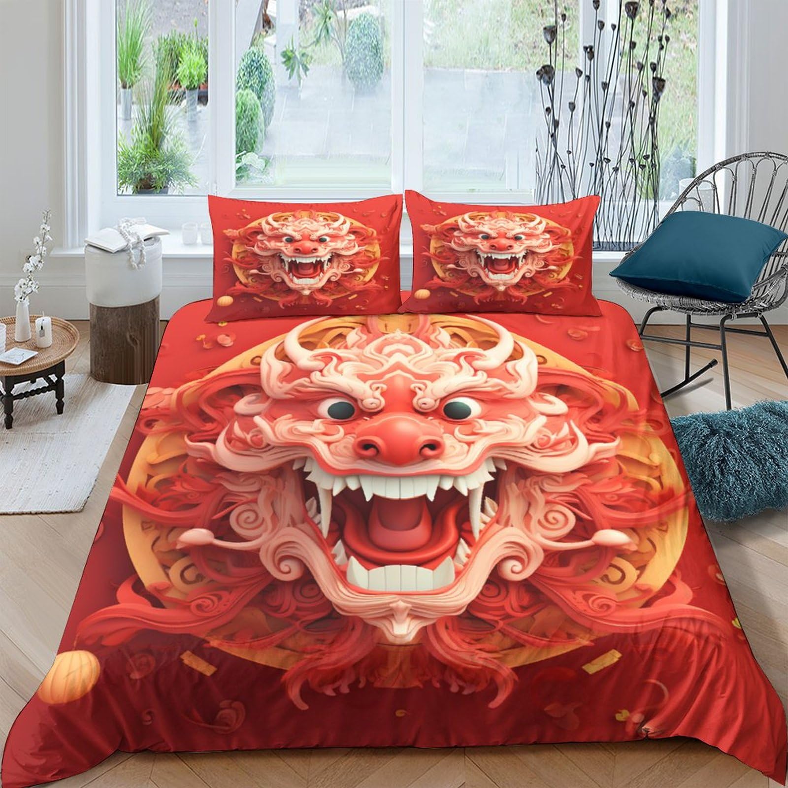 Housse de couette dragon du Nouvel An avec ses taies d'oreiller lisses pour lit ado