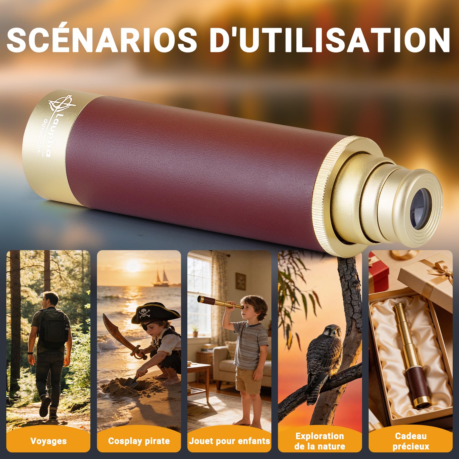 Télescope Pirate Rétro Monoculaire Zoomable avec Carte au Trésor 25x30 Vintage Longue Vue Enfant Lentille BAK-4 Imperméable Mini Télescope avec Boussole pour Camping Observation des Oiseaux
