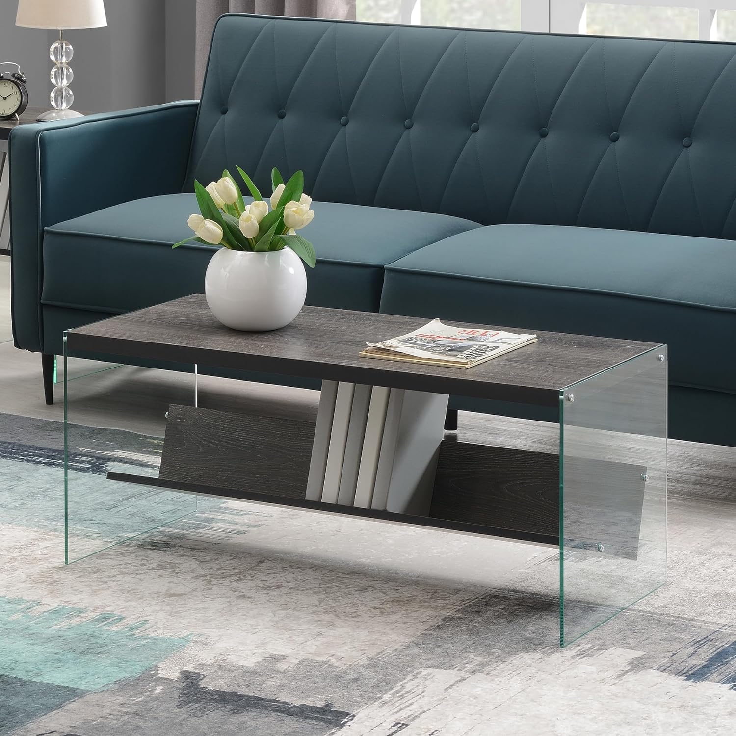 Pemberly Row Coffee Table, Weathered Gray Finish, Particle Board with Tempered Glass Sides, 40 in W x 17.75 in D x 17 in H, Modern Design with Lower Storage Shelf for Living Room Decor