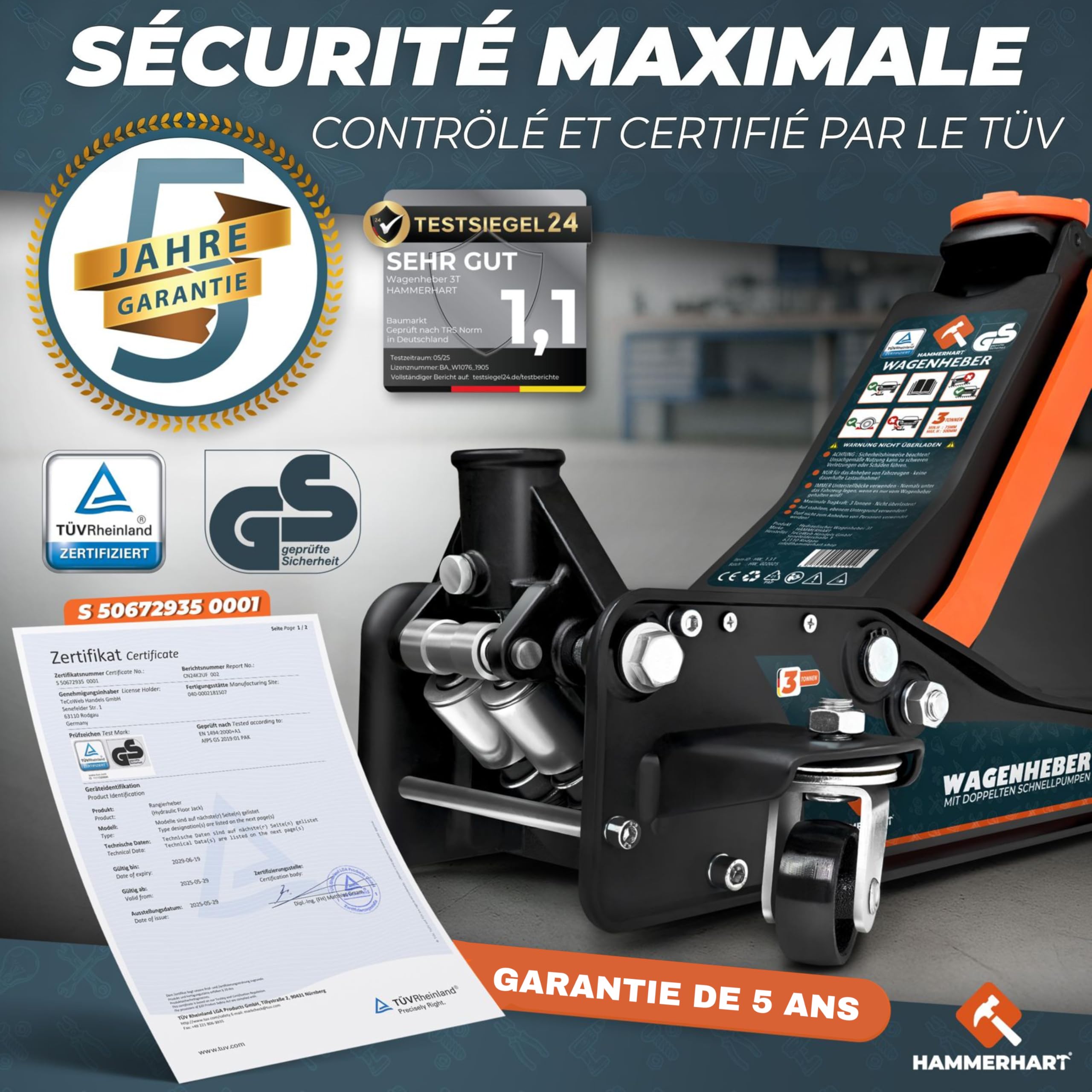 Cric hydraulique 3T | Cric certifié TÜV & GS | Cric Voiture Compact avec Une Hauteur de Levage de 75 à 500 mm [Vainqueur du Test] Cric avec revêtement en Caoutchouc, à Double Piston et T poignée