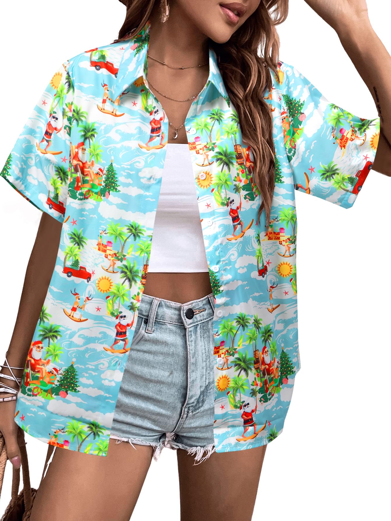 ASTANFY Hawaiian Christmas Shirt Women Christmas July Button up T-Shirt Summer Beach Vacation Shirts Casual Holiday Tee Tops