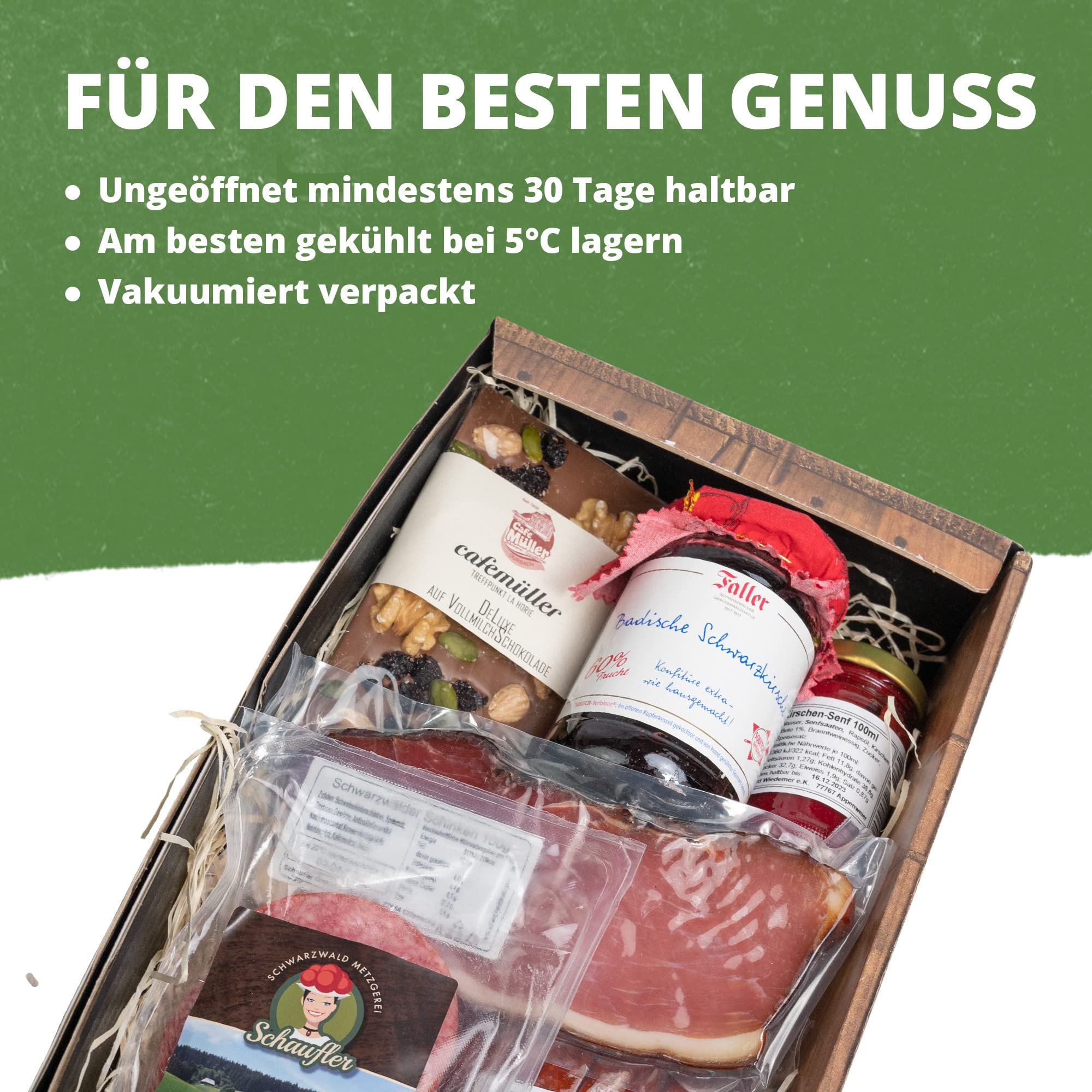 Kirschkiste 6-teilig Schlemmergeschenk mit Kirschmarmelade, Kirschsenf, Kirschwassersalami, Landjäger, Schokolade und Schinken aus dem Schwarzwald
